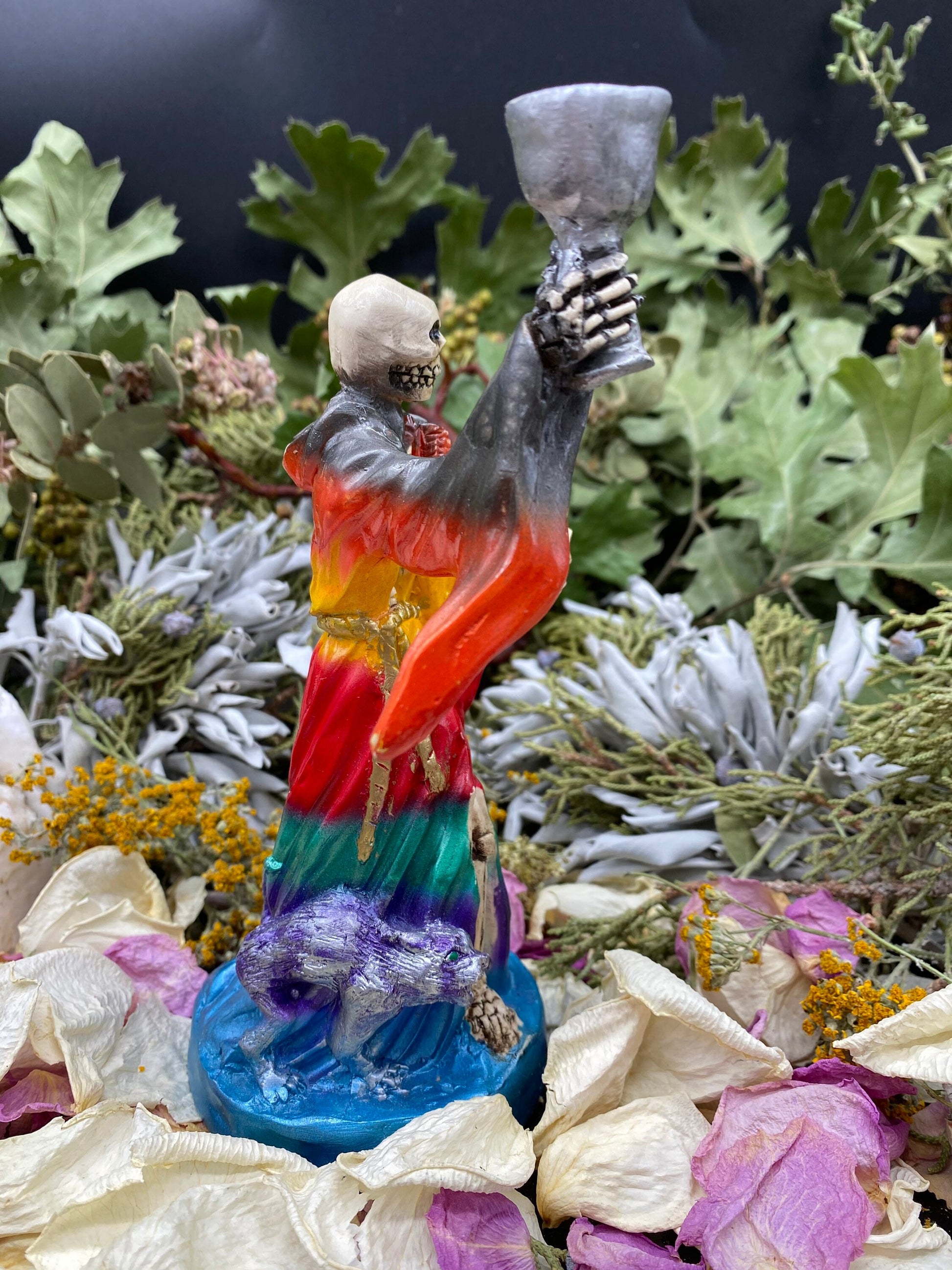 Last One! Santa Muerte Siete Colores Chalice & Cat Statue + Sterling Silver + Baptized + Fixed + Made in Mexico + Gato Negro