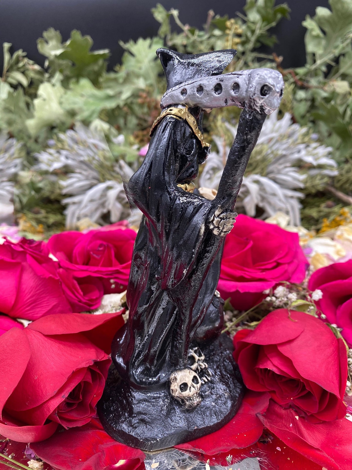 Santa Muerte Negra Imperial Statue + 6.5” + Baptized + Fixed + Made in Mexico