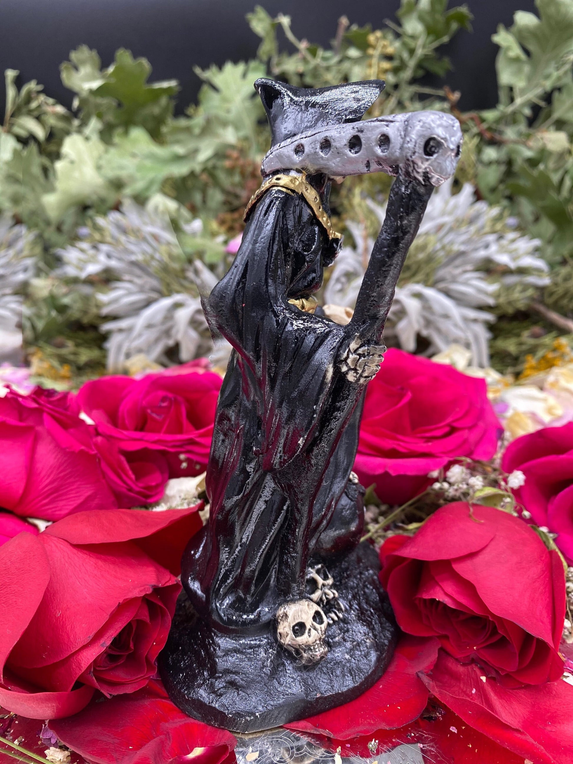 Santa Muerte Negra Imperial Statue + 6.5” + Baptized + Fixed + Made in Mexico