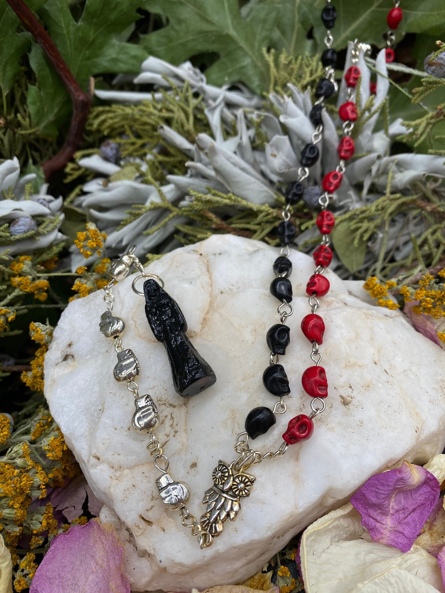 Santa Muerte Negra Reversing Rosary with Skulls + Blessed + Sterling Silver Plated Chain + Handcrafted + Rosario + Domination + Amarres