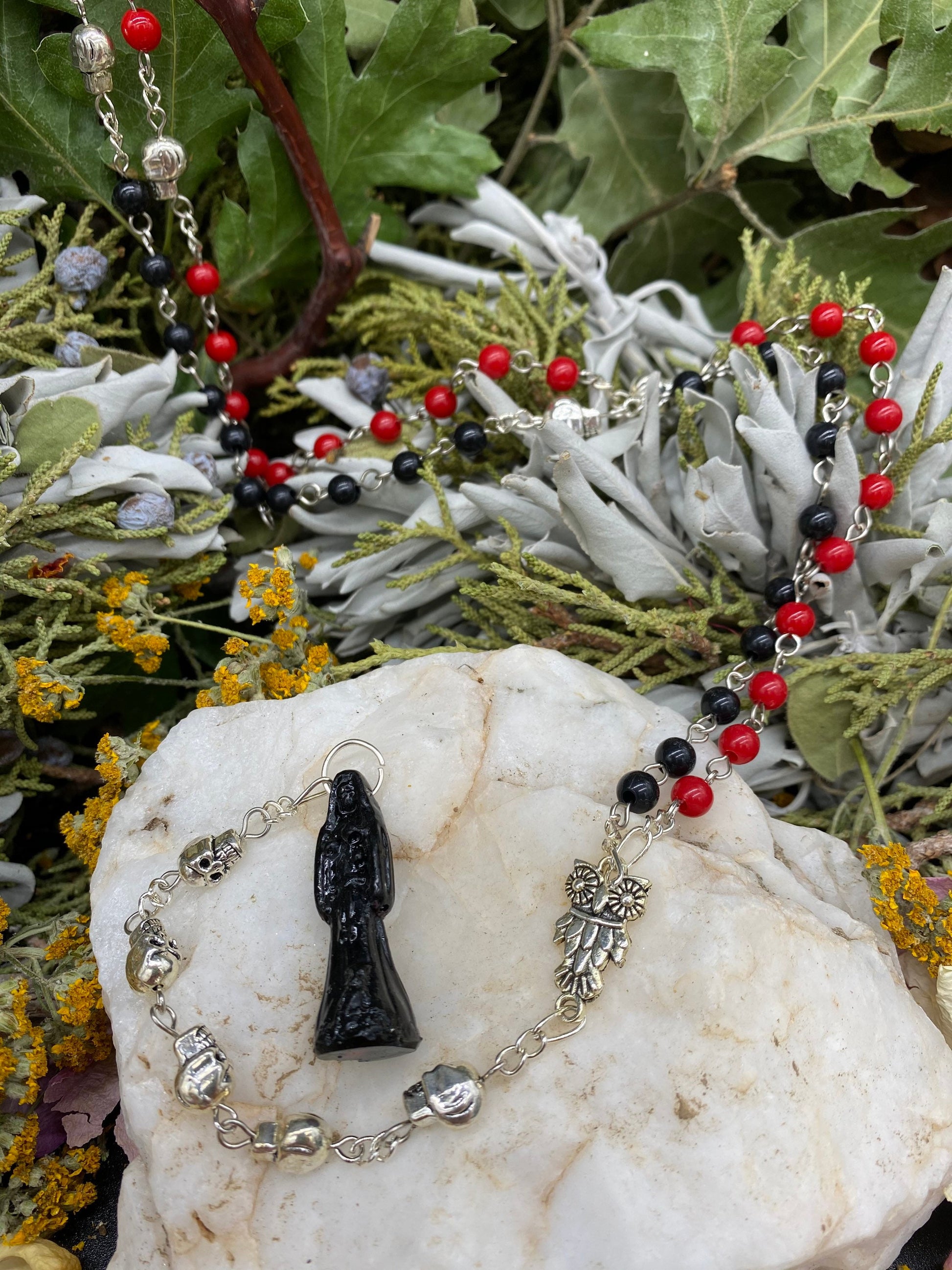 Santa Muerte Negra Reversing Rosary + Sterling Silver Plated Chain + Handcrafted + Amarres + Binding + Extreme Love Spells + Domination