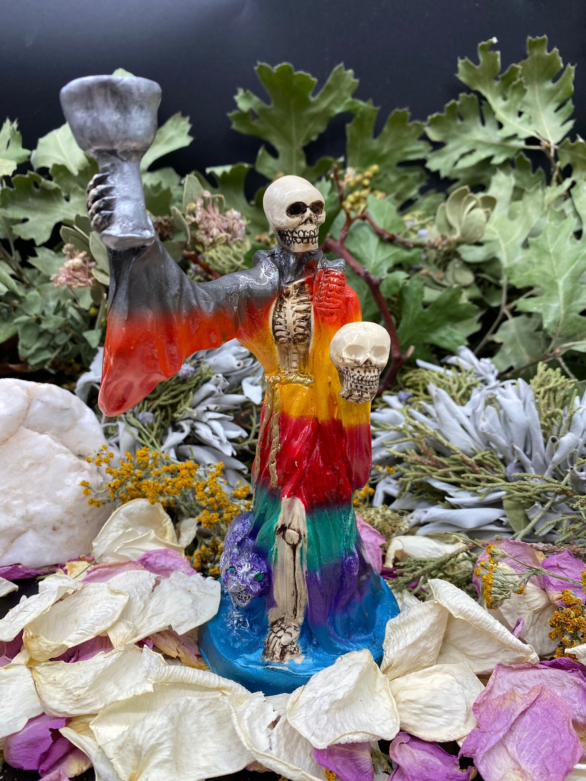 Last One! Santa Muerte Siete Colores Chalice & Cat Statue + Sterling Silver + Baptized + Fixed + Made in Mexico + Gato Negro