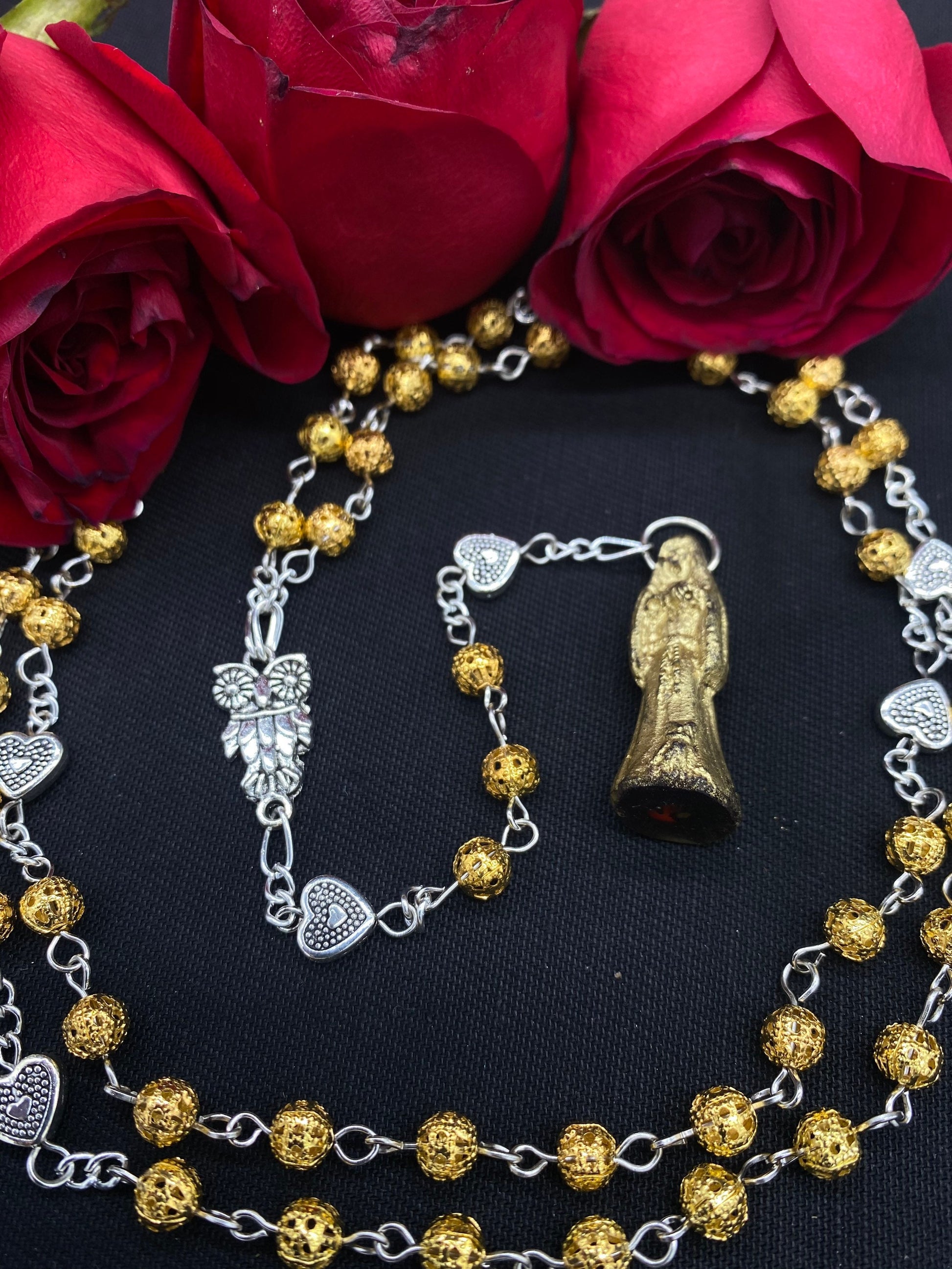Santa Muerte Dorada Rosary + Oro + Heart of Gold + Love + Money + Blessed + Sterling Silver Plated Chain + Handcrafted + Rosario