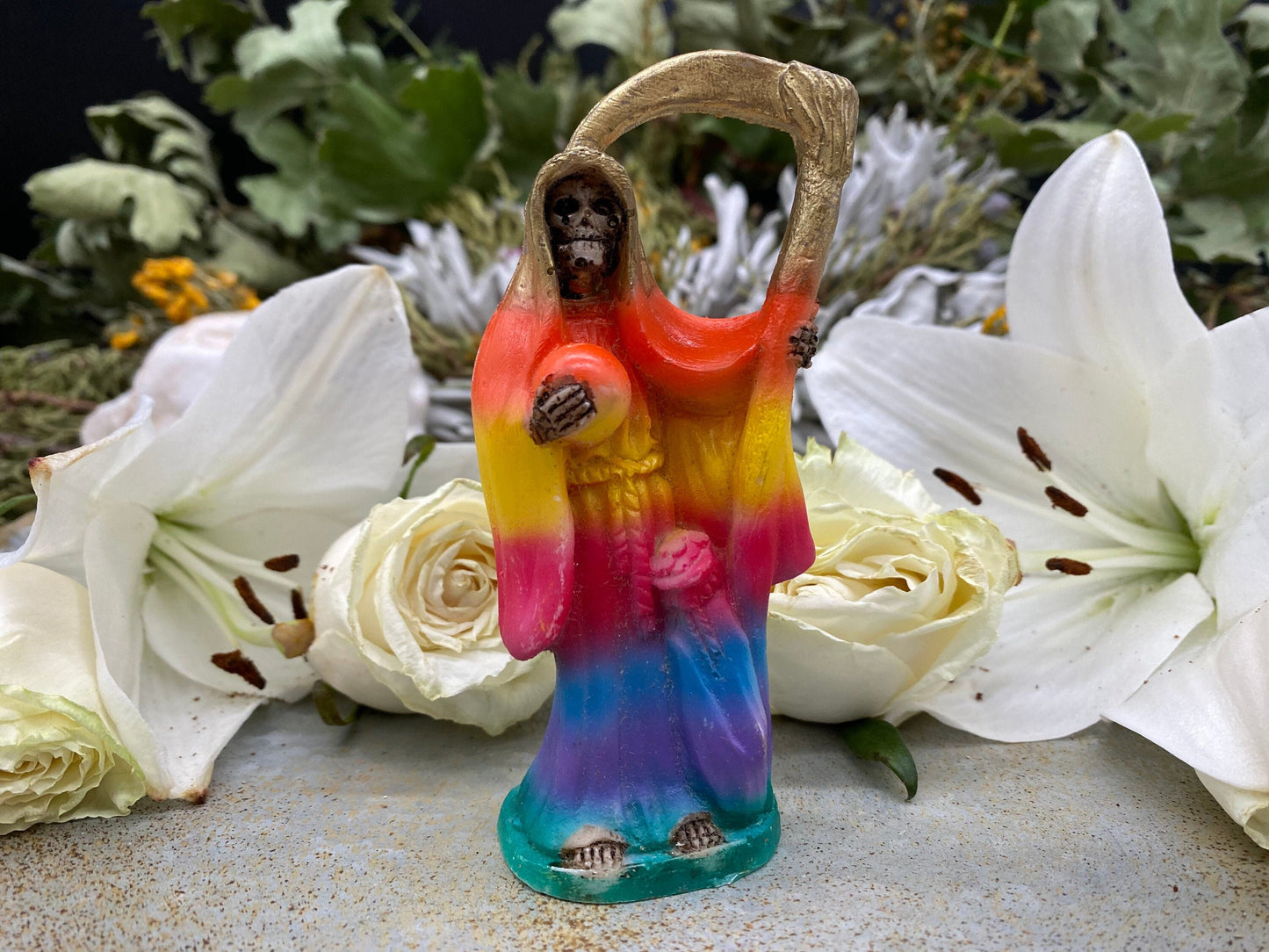 Santa Muerte Siete Colores Abundance Statue + Baptized + Fixed + Made in Mexico