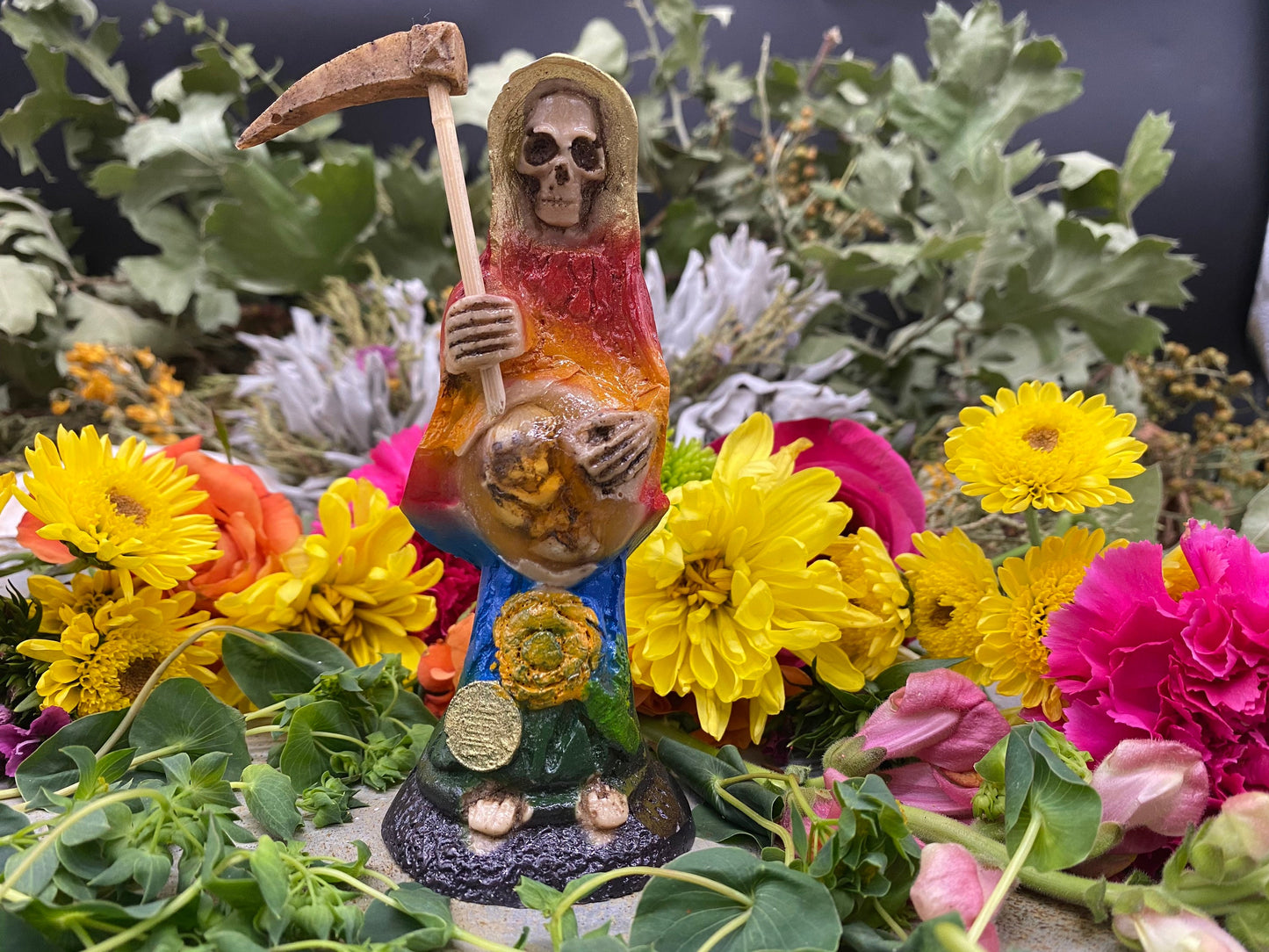 Santa Muerte Siete Colores Statue + 24K Gold + Baptized + Embarazada + Pregnant + Fixed + Made in Mexico
