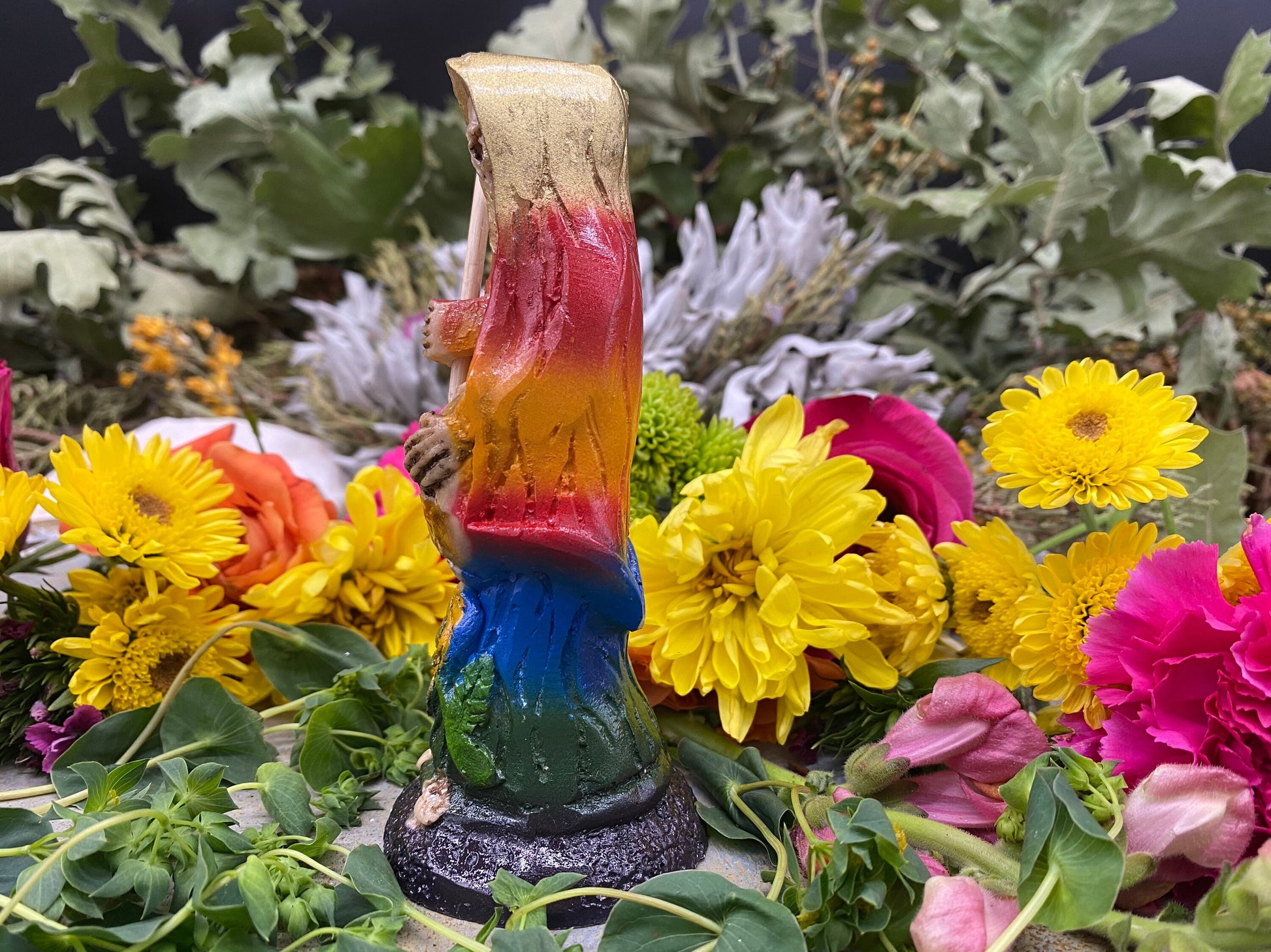 Santa Muerte Siete Colores Statue + 24K Gold + Baptized + Embarazada + Pregnant + Fixed + Made in Mexico