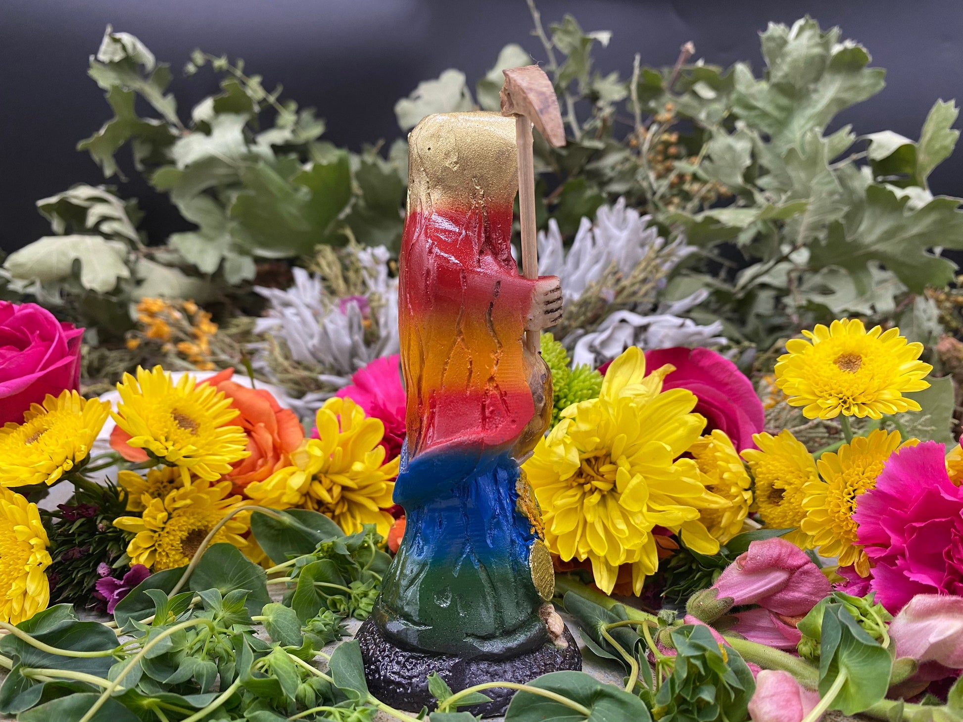 Santa Muerte Siete Colores Statue + 24K Gold + Baptized + Embarazada + Pregnant + Fixed + Made in Mexico