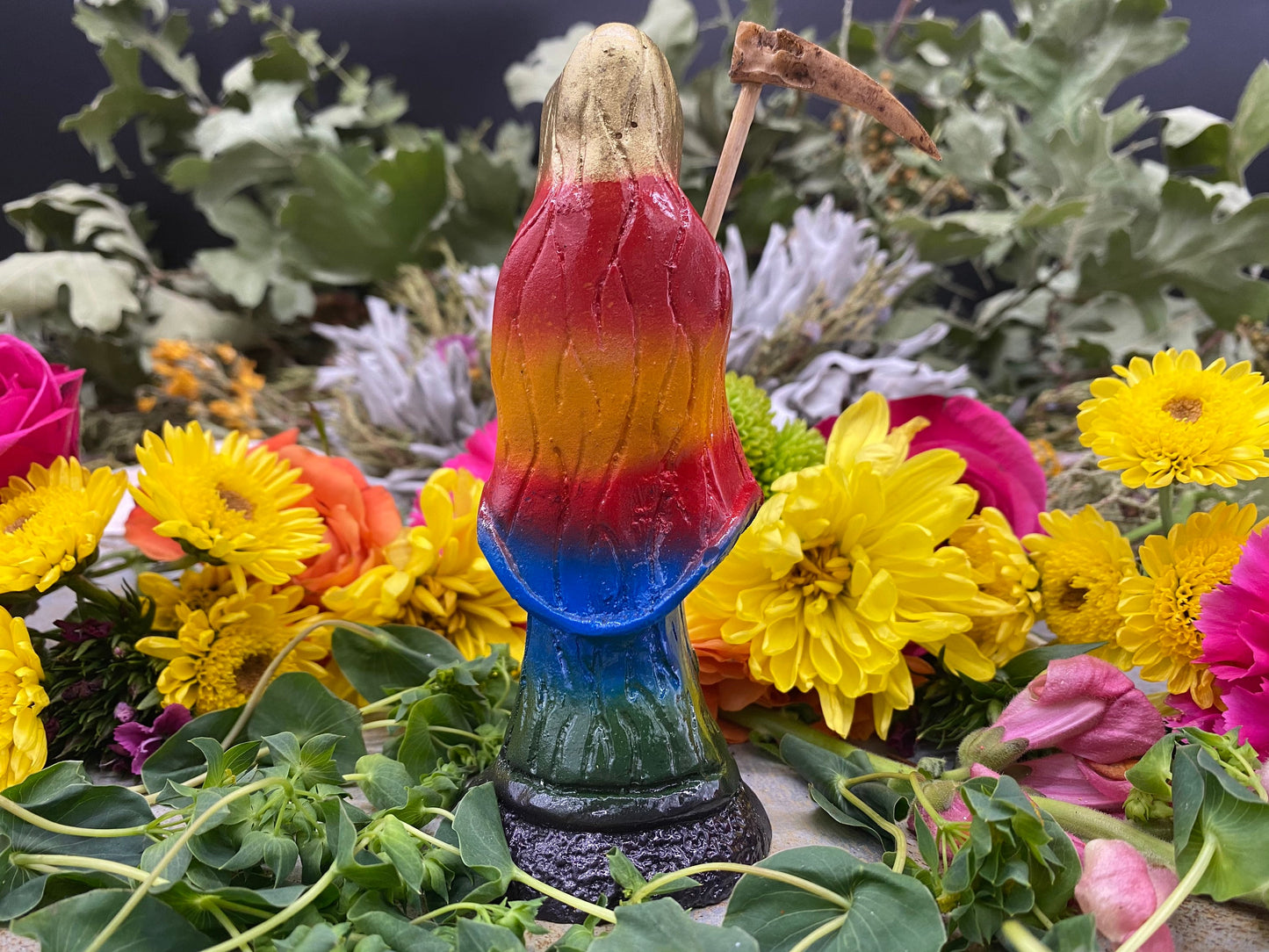 Santa Muerte Siete Colores Statue + 24K Gold + Baptized + Embarazada + Pregnant + Fixed + Made in Mexico