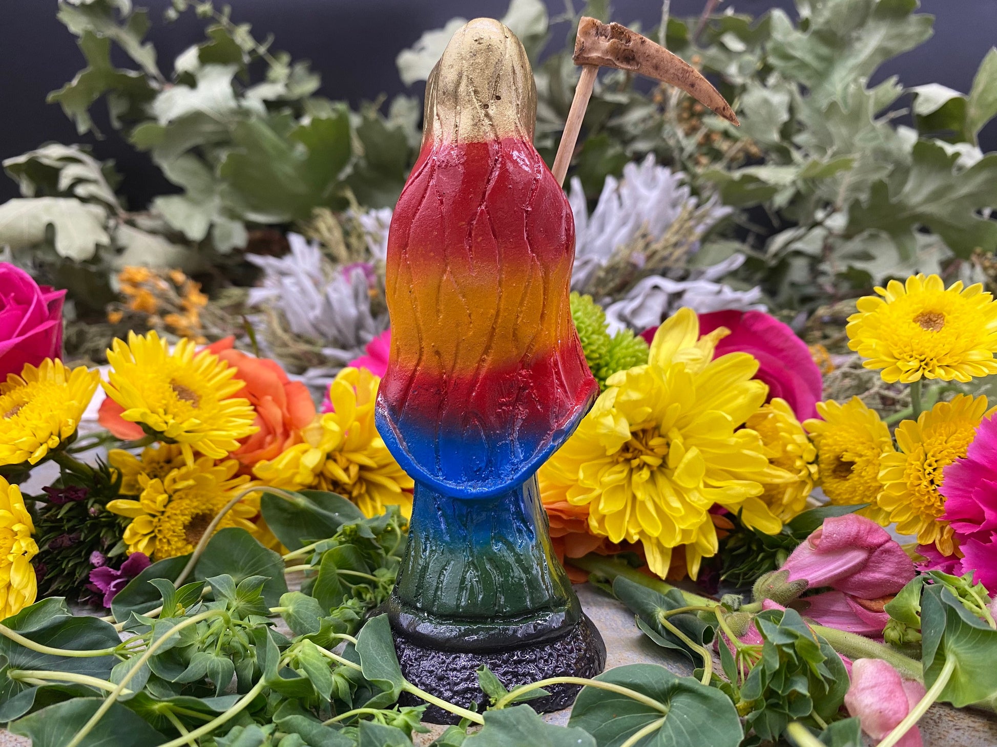 Santa Muerte Siete Colores Statue + 24K Gold + Baptized + Embarazada + Pregnant + Fixed + Made in Mexico