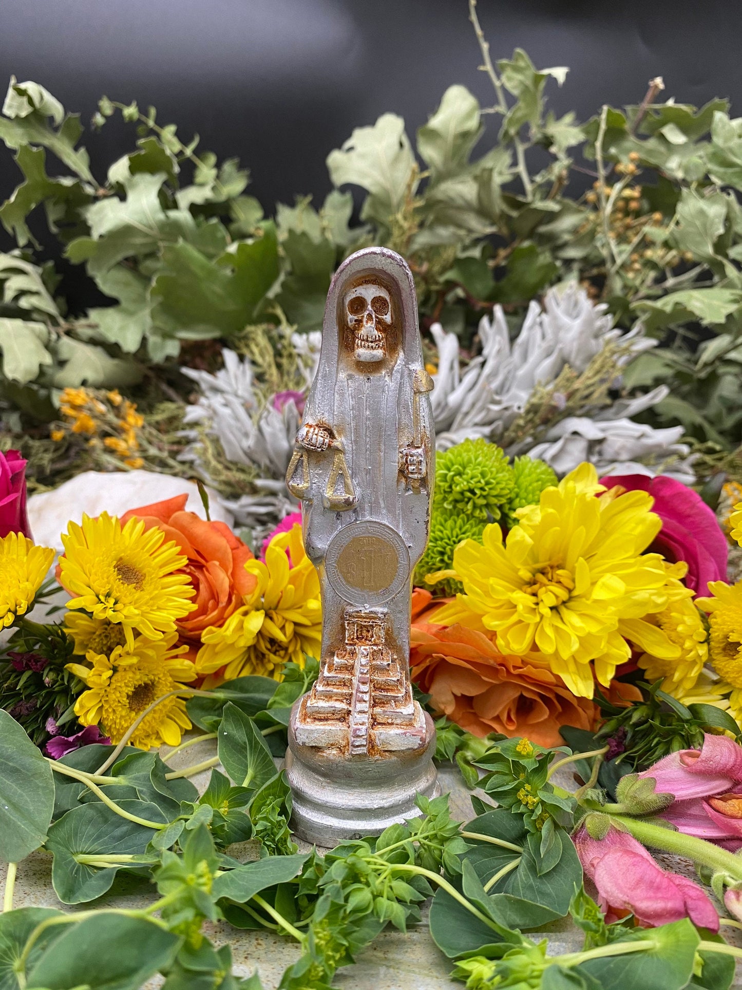Santa Muerte Plata/Silver Statue + Baptized + Pyramid + Fixed + Made in Mexico + Money + Working with the Moon + Luck
