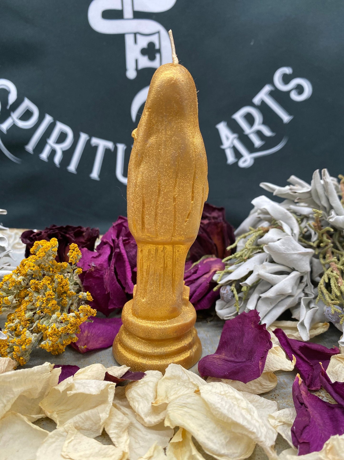 Santa Muerte Dorada Figure Candle + Money + Prosperity + Gold + Oro + 24K Gold