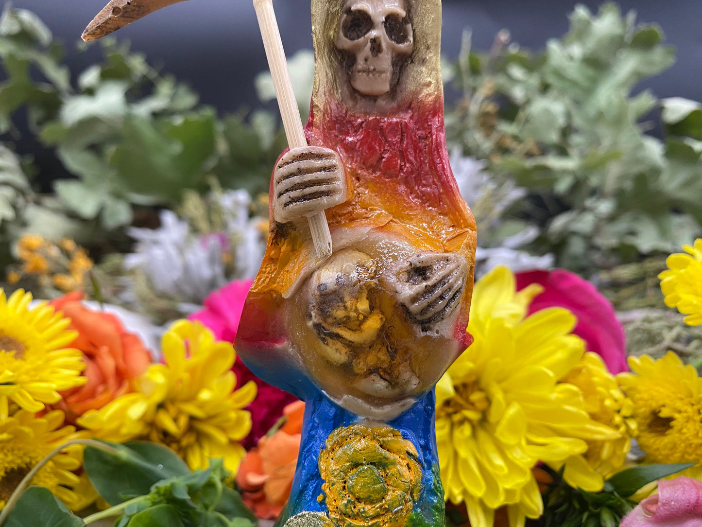 Santa Muerte Siete Colores Statue + 24K Gold + Baptized + Embarazada + Pregnant + Fixed + Made in Mexico