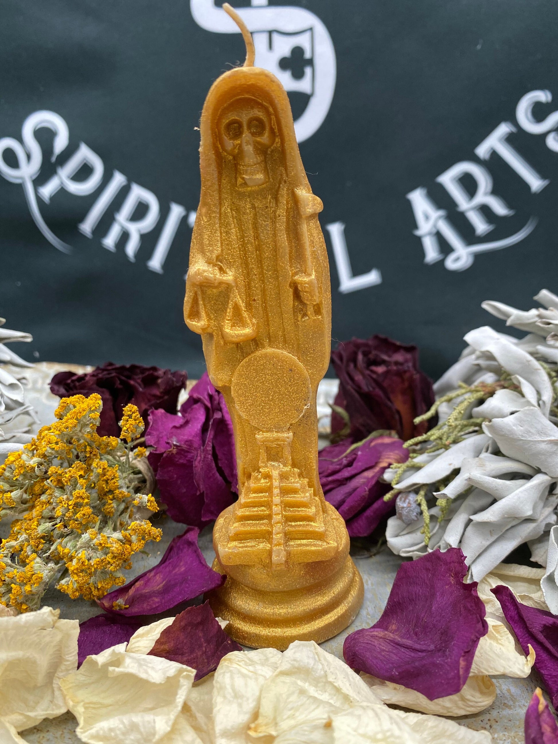 Santa Muerte Dorada Figure Candle + Money + Prosperity + Gold + Oro + 24K Gold