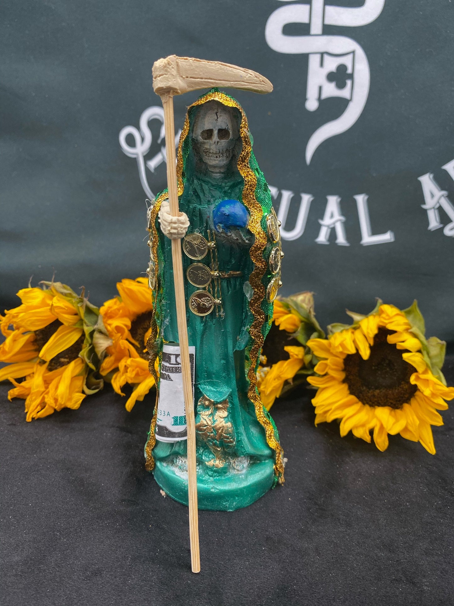 Deluxe Santa Muerte Statue + 24K Gold + 7” + Baptized + Fixed + Made in Mexico