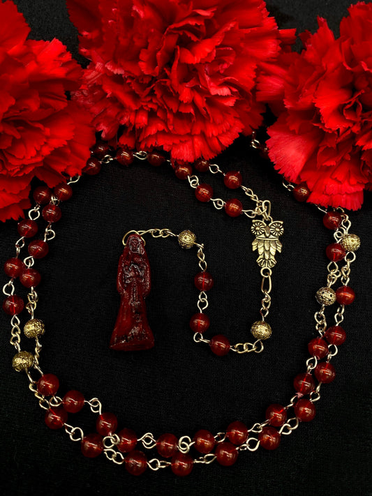 Santa Muerte Roja Rosary + Love + Money + Luck + Domination + Blessed + Gemstone + Carnelian + Sterling Silver Plated Chain + Rosario