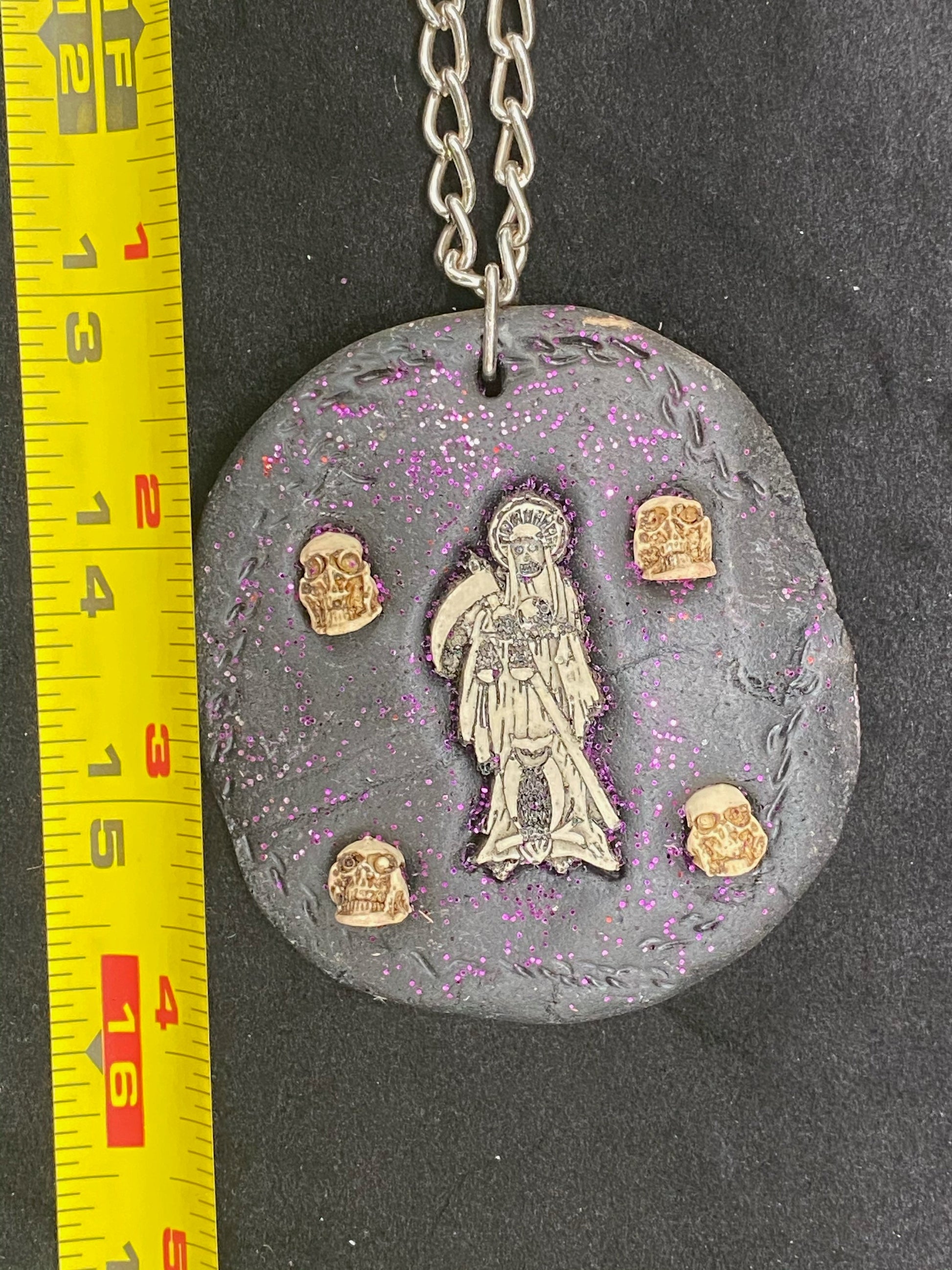 Round Santa Muerte Necklace + Purple Glitter + Protection + Made in Mexico