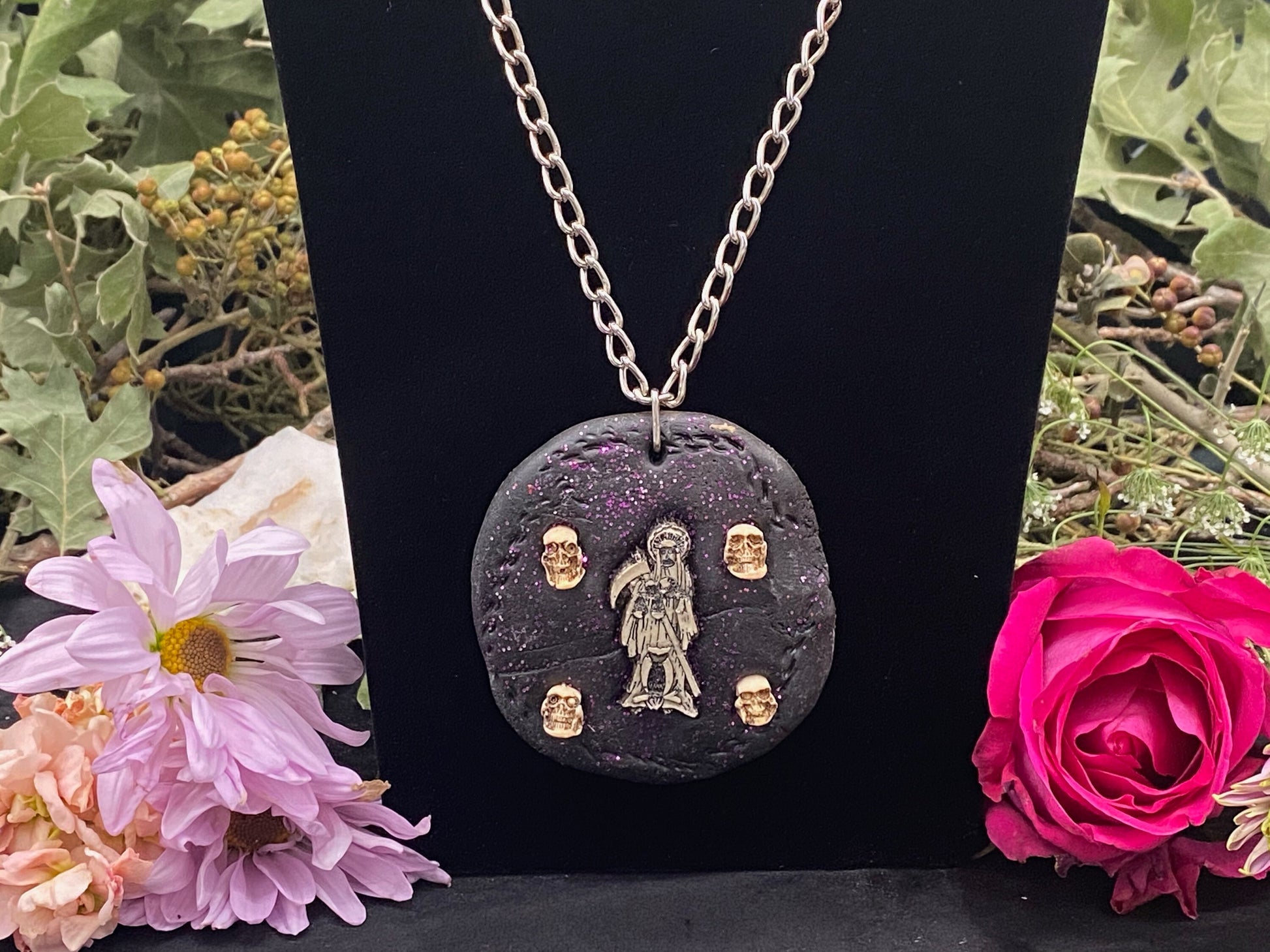Round Santa Muerte Necklace + Purple Glitter + Protection + Made in Mexico