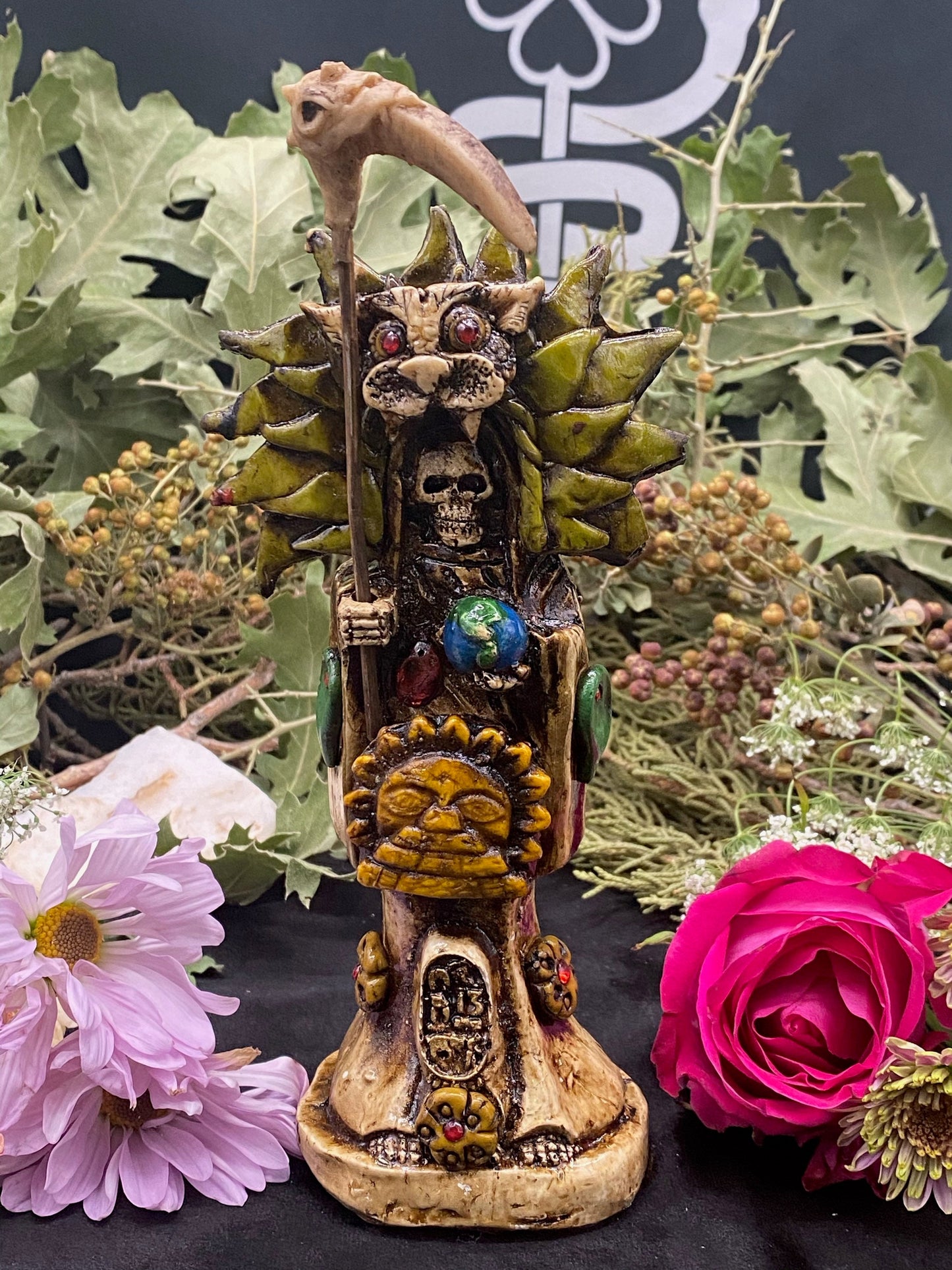 Santa Muerte Azteca Statue + 24K Gold + Baptized + Fixed + Made in Mexico