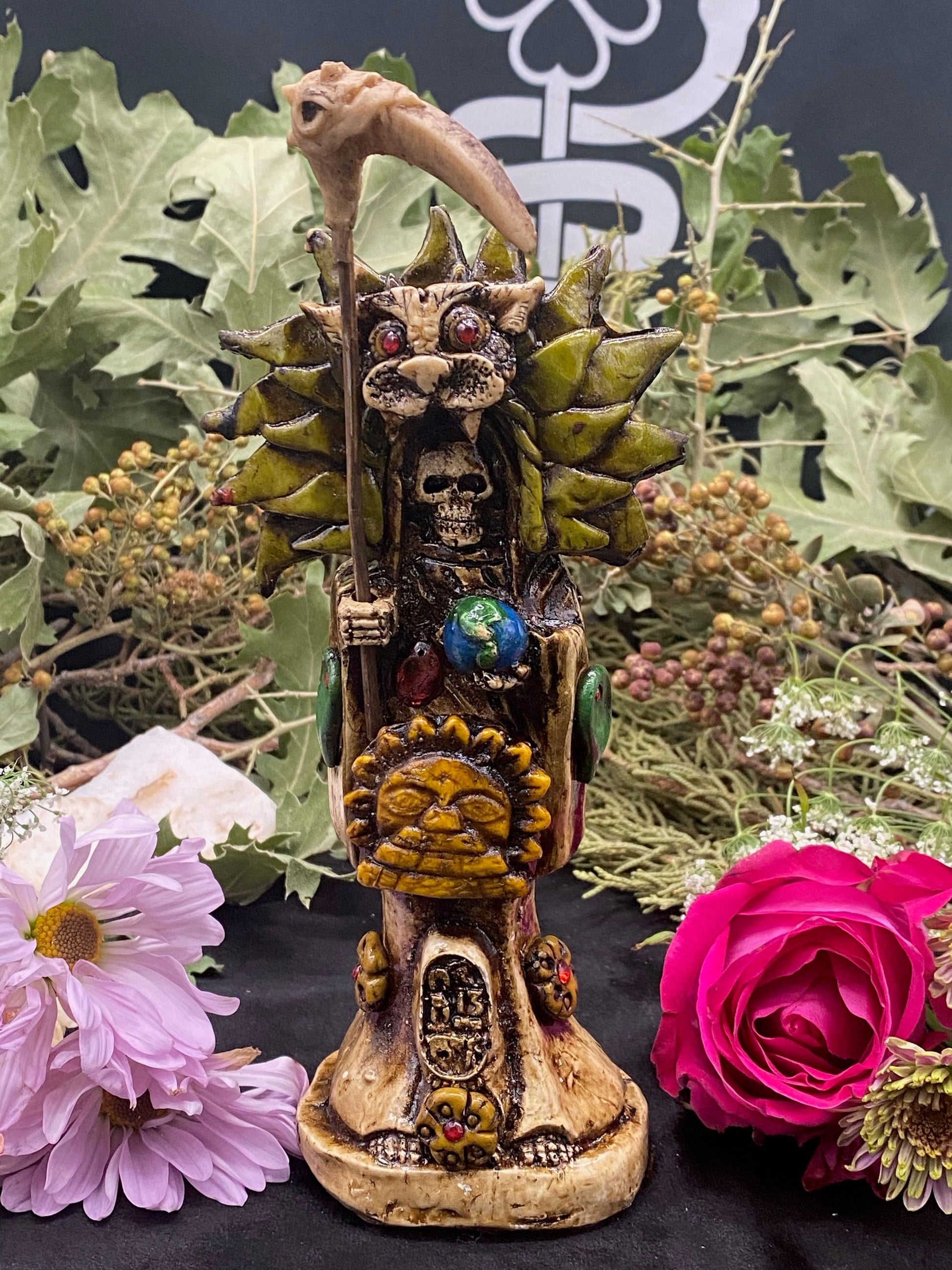 Santa Muerte Azteca Statue + 24K Gold + Baptized + Fixed + Made in Mexico