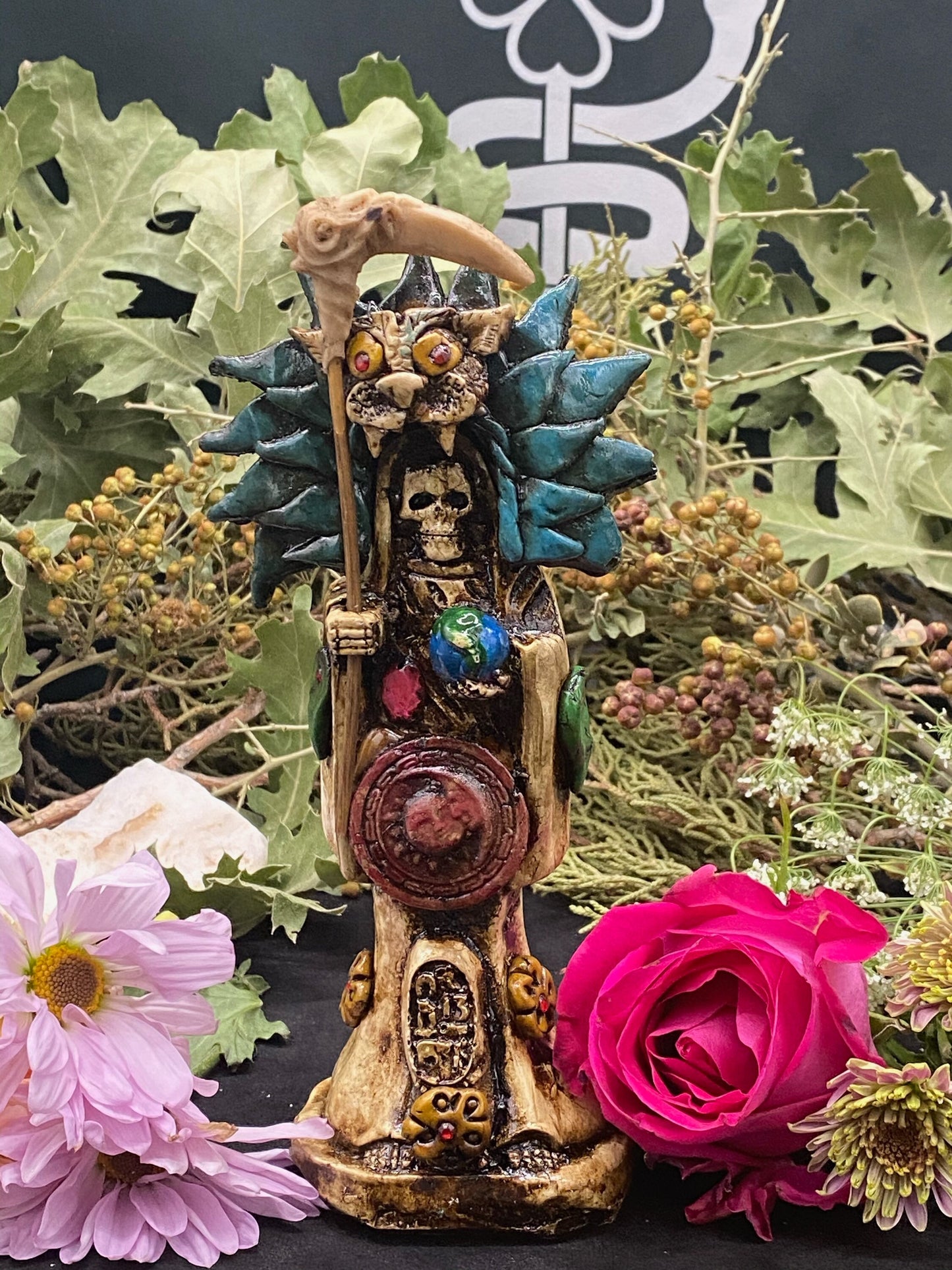 Santa Muerte Azteca Statue + 24K Gold + Baptized + Fixed + Made in Mexico