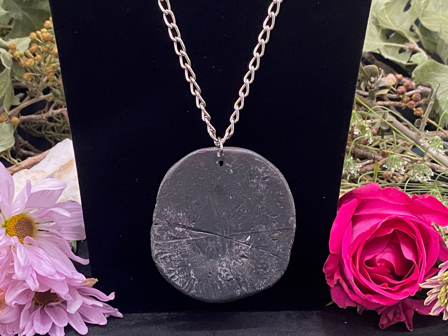 Round Santa Muerte Necklace + Purple Glitter + Protection + Made in Mexico
