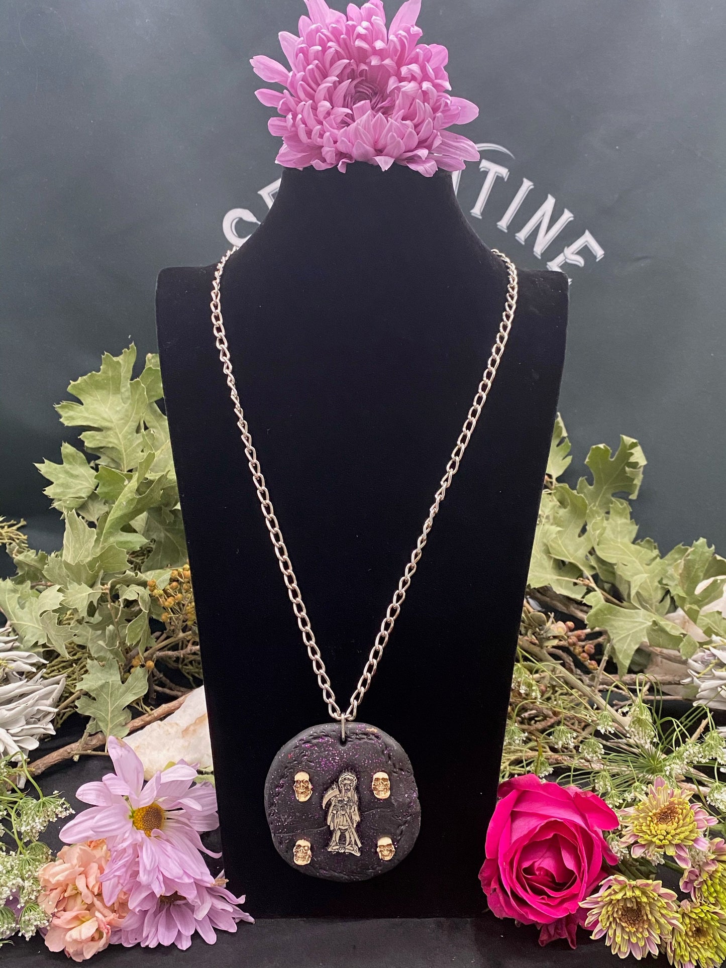 Round Santa Muerte Necklace + Purple Glitter + Protection + Made in Mexico