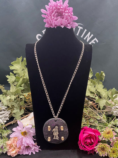 Round Santa Muerte Necklace + Purple Glitter + Protection + Made in Mexico