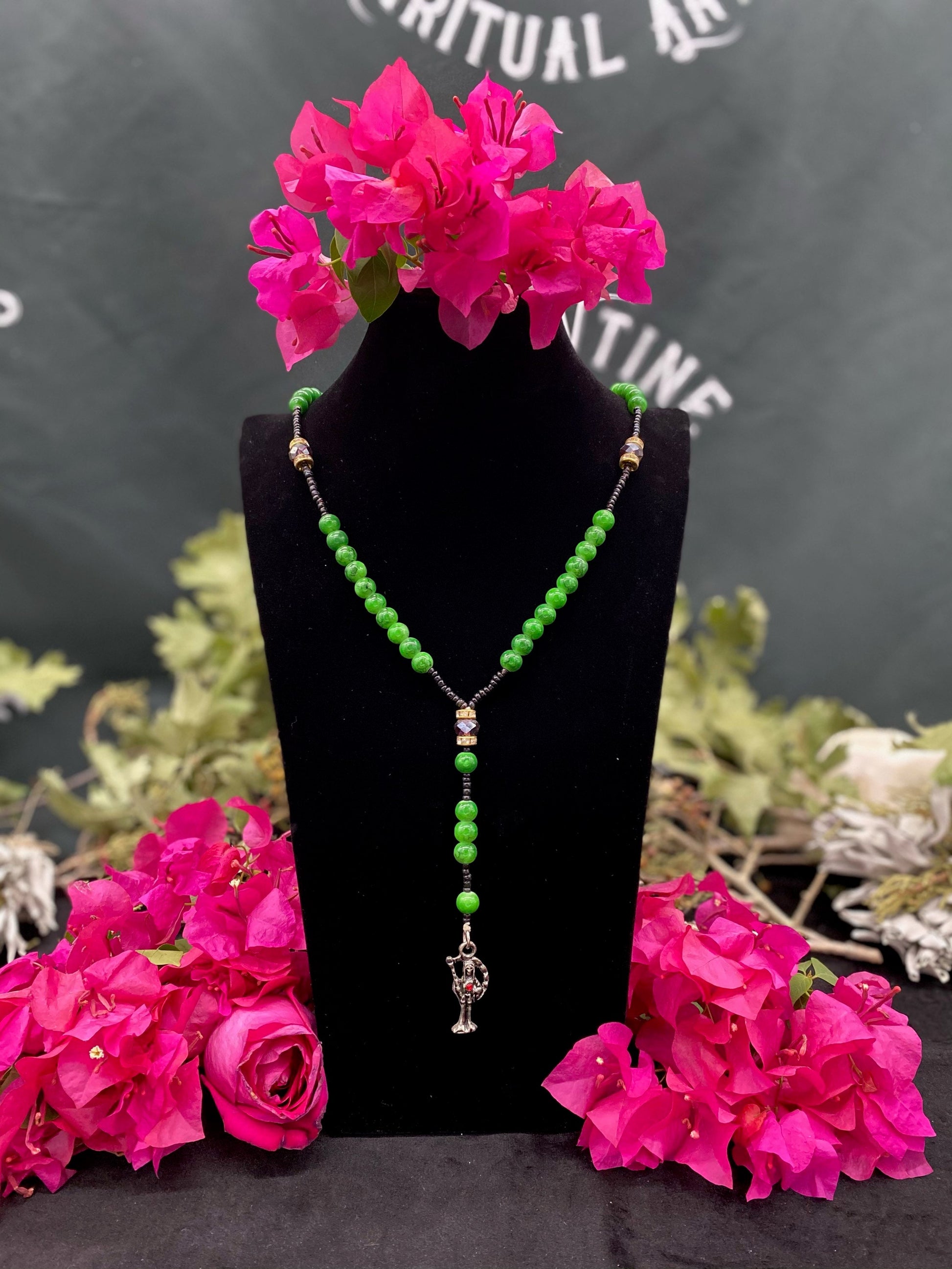Santa Muerte Verde Rosary + Green + Money + Legal Issues + Justice + Blessed + Handcrafted in Mexico + Rosario