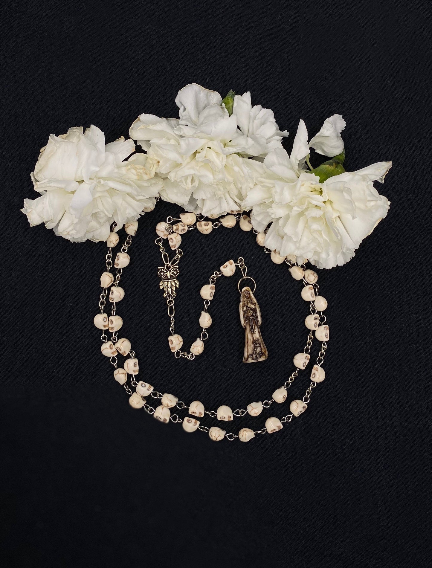 Santa Muerte Bone Rosary + Hueso + Sterling Silver Plated Chain + Handcrafted + Rosario