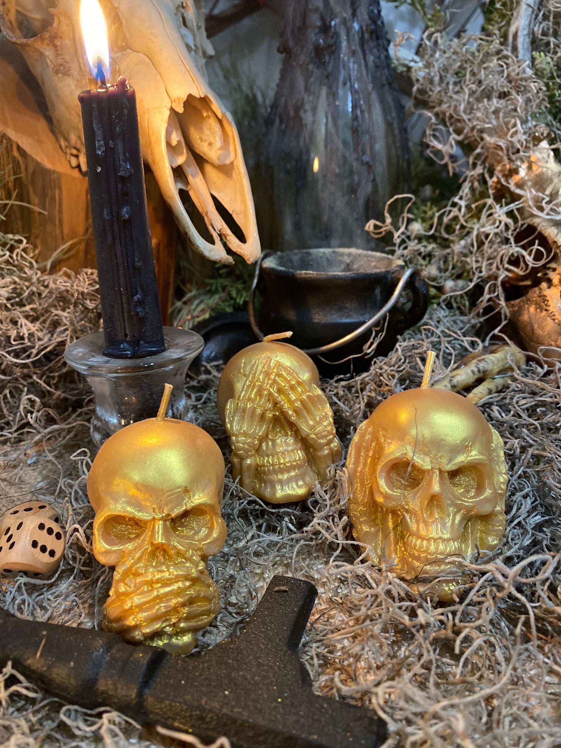 Three Wise Skulls Candle Set + Hear No Evil + See No Evil + Speak No Evil + Stop Jealousy & Gossip + Hide Spells + Santa Muerte
