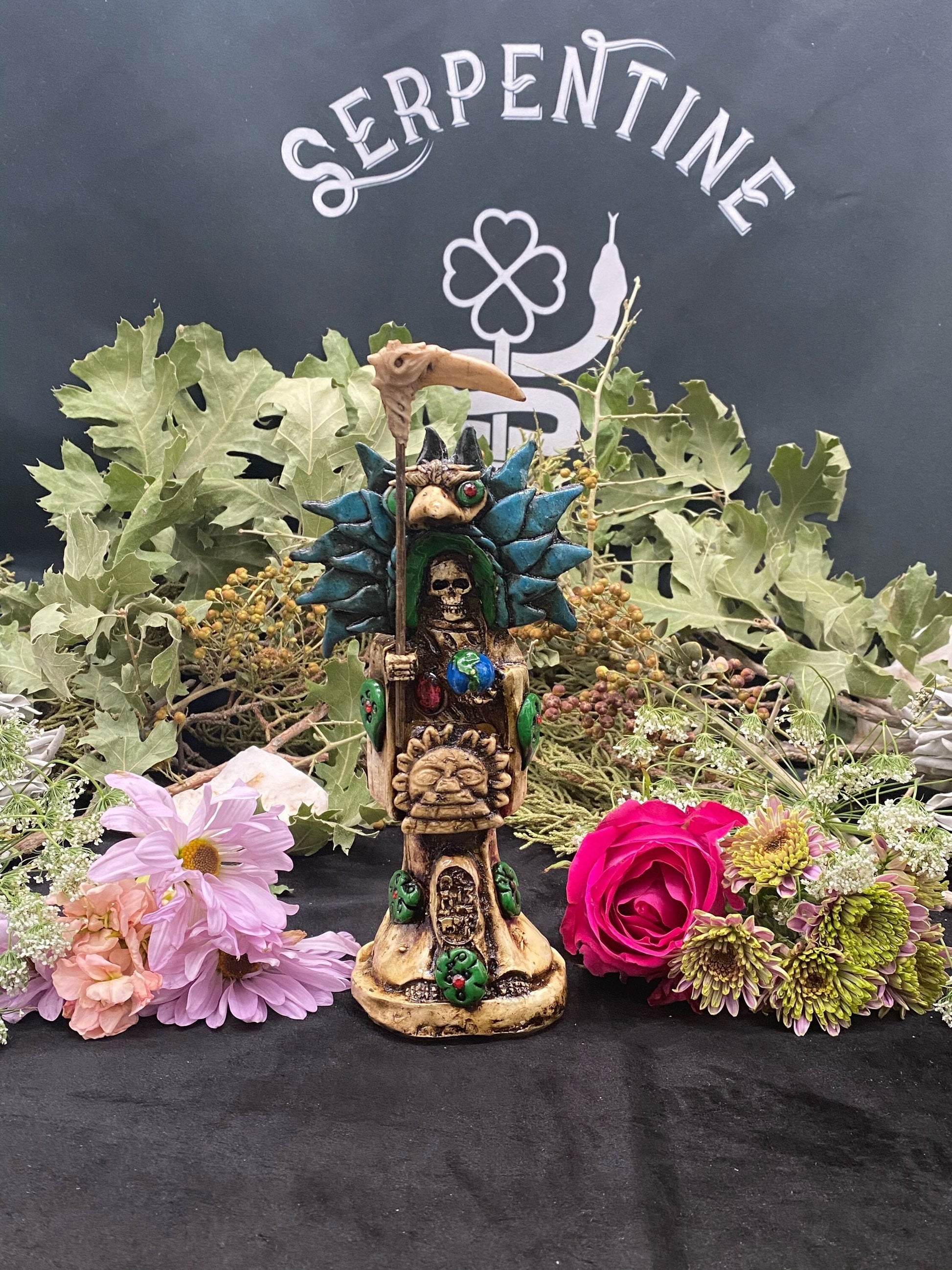 Santa Muerte Azteca Statue + 24K Gold + Baptized + Fixed + Made in Mexico