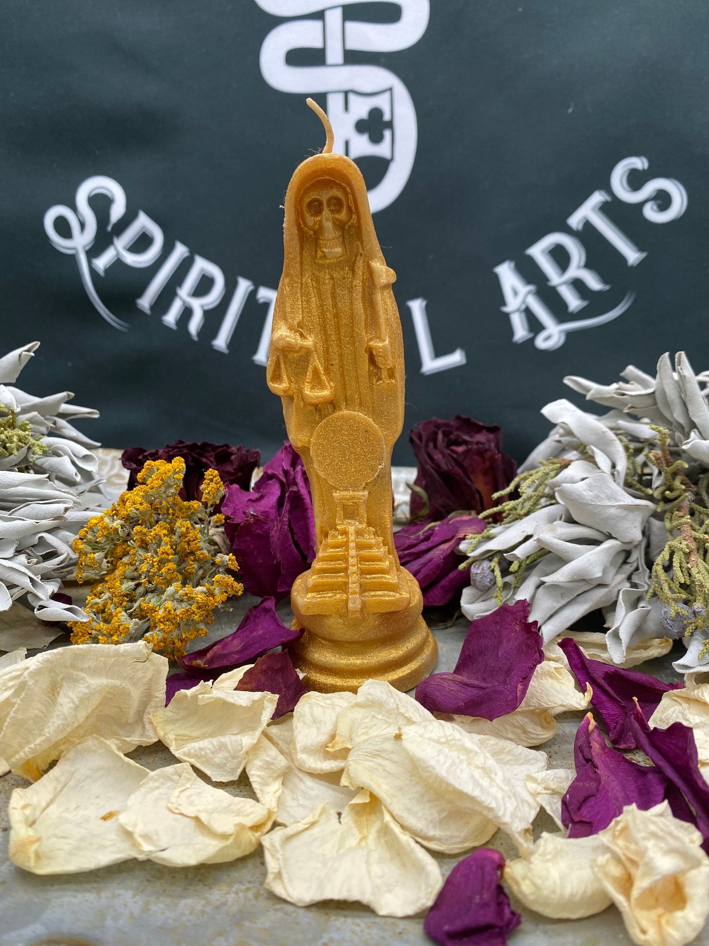 Santa Muerte Dorada Figure Candle + Money + Prosperity + Gold + Oro + 24K Gold