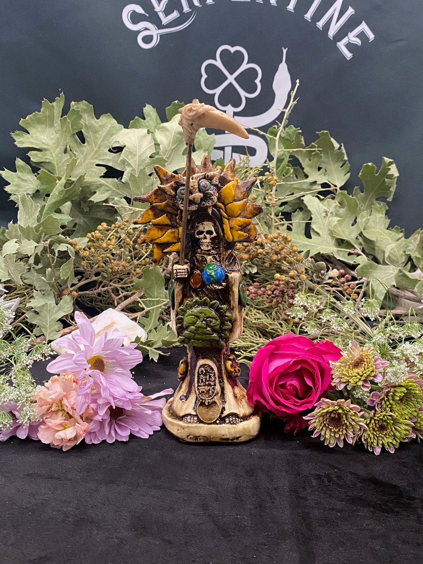 Santa Muerte Azteca Statue + 24K Gold + Baptized + Fixed + Made in Mexico