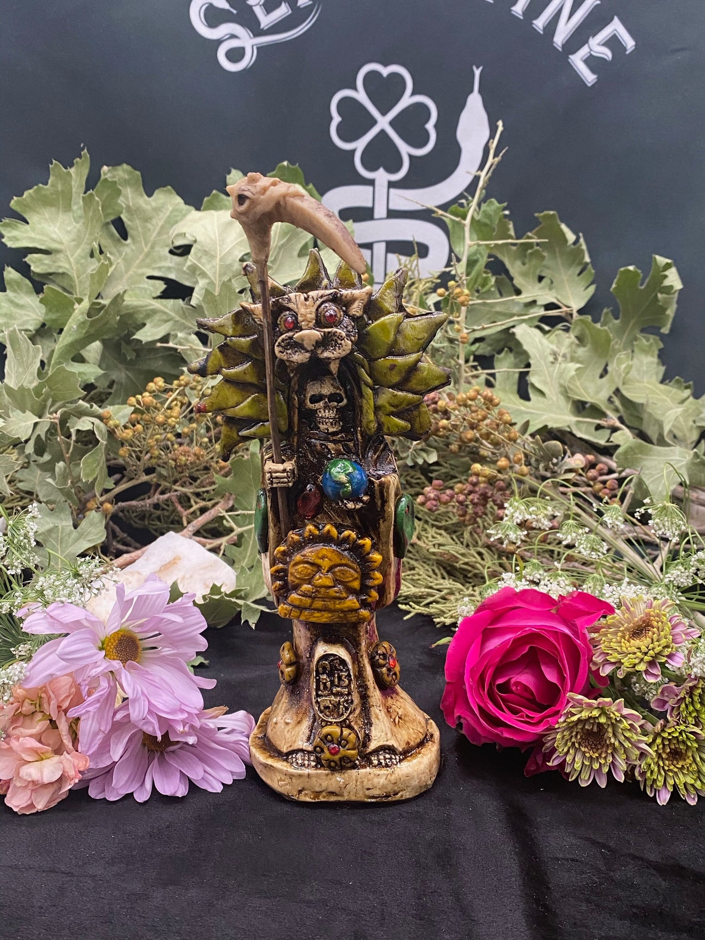 Santa Muerte Azteca Statue + 24K Gold + Baptized + Fixed + Made in Mexico