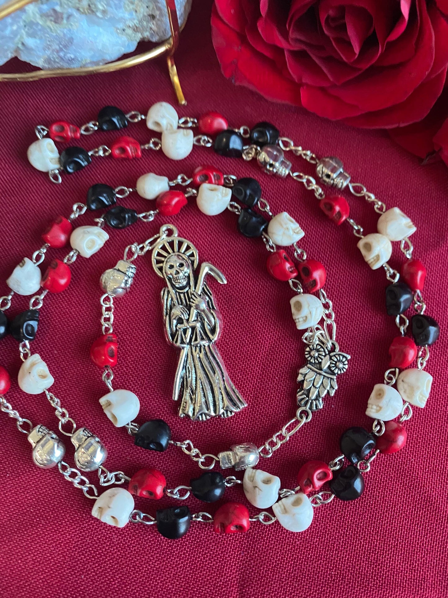 Santa Muerte Rosary + Traditional Colors + Three Robes + Sterling Silver Plated Chain + Handcrafted + Tricolor