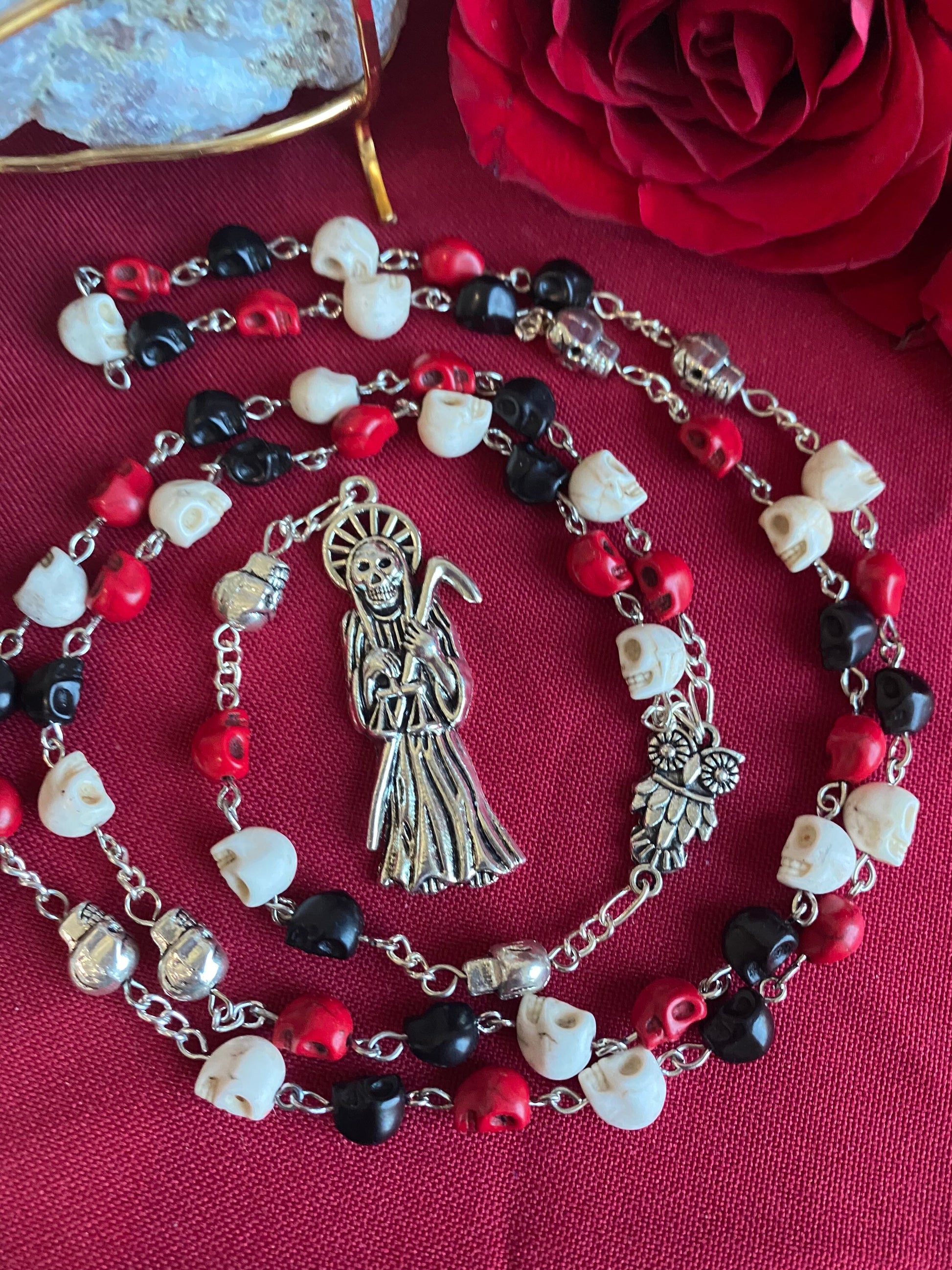 Santa Muerte Rosary + Traditional Colors + Three Robes + Sterling Silver Plated Chain + Handcrafted + Tricolor