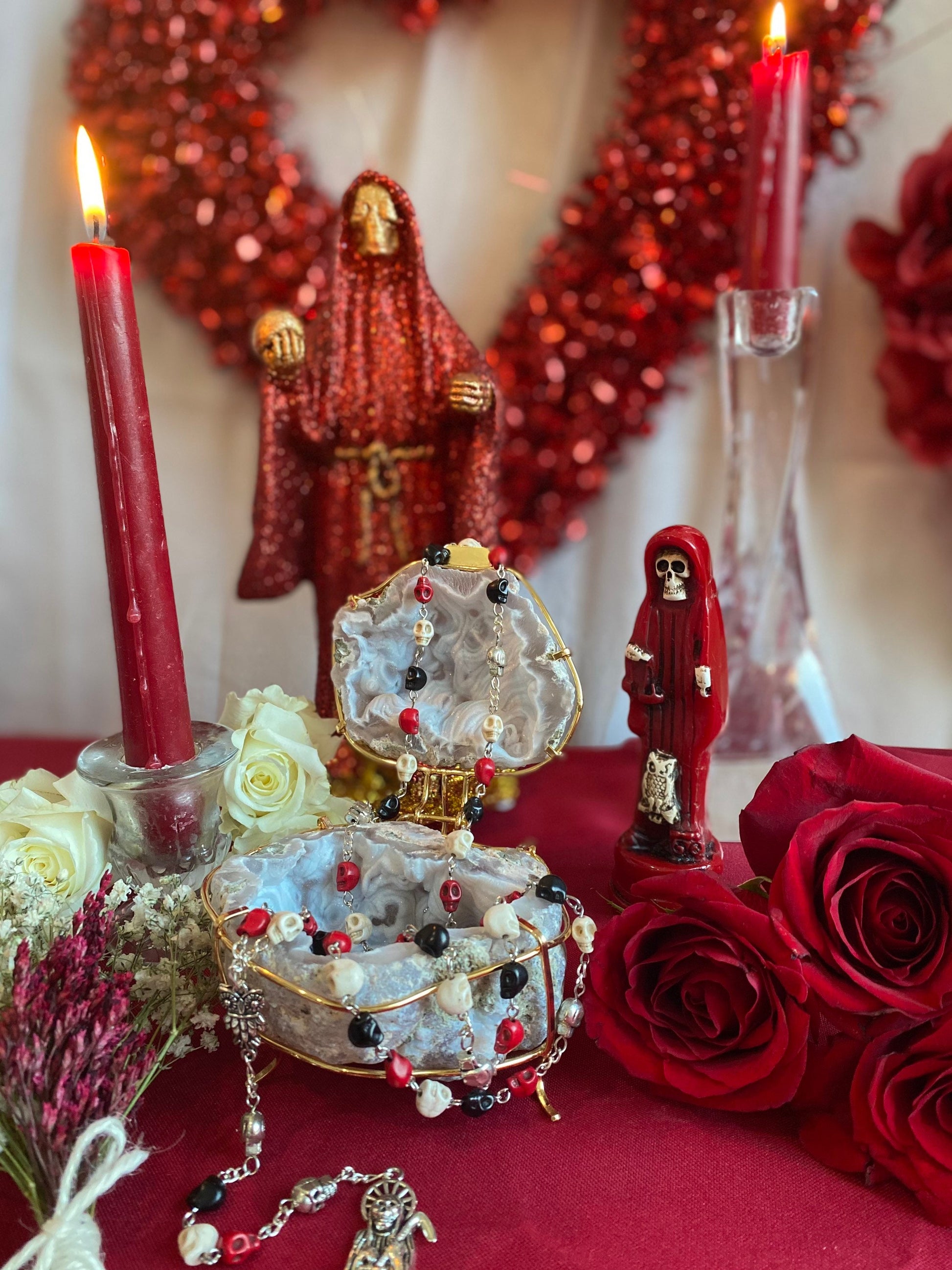Santa Muerte Rosary + Traditional Colors + Three Robes + Sterling Silver Plated Chain + Handcrafted + Tricolor