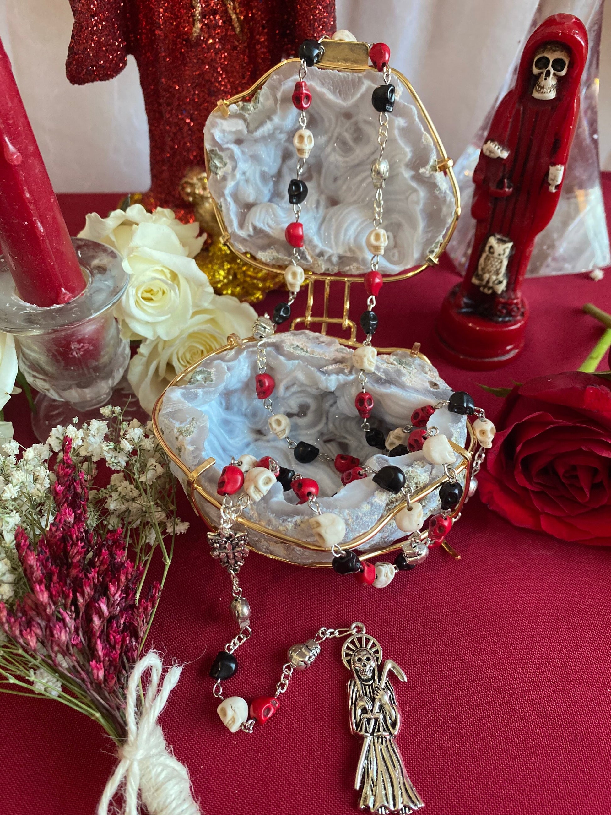 Santa Muerte Rosary + Traditional Colors + Three Robes + Sterling Silver Plated Chain + Handcrafted + Tricolor