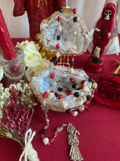 Santa Muerte Rosary + Traditional Colors + Three Robes + Sterling Silver Plated Chain + Handcrafted + Tricolor