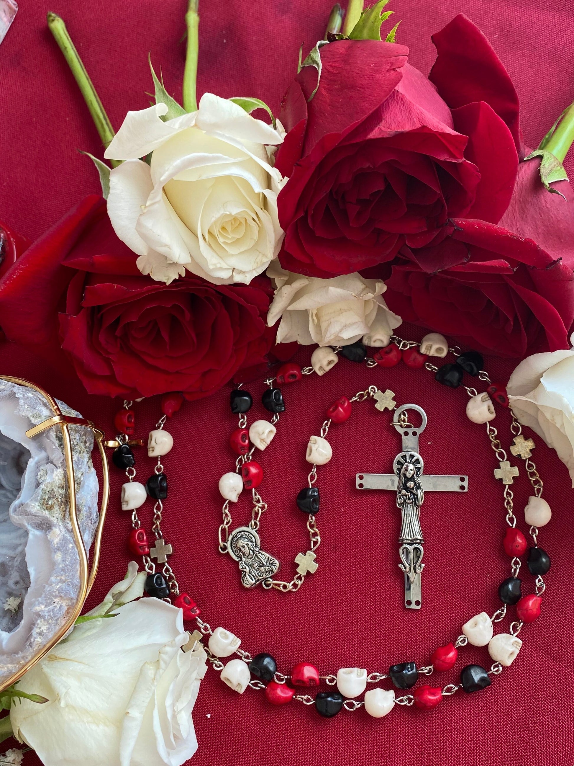 Santa Muerte Rosary with Tricolor Skulls & Santa Muerte Cross + Three Robes + Blessed + Sterling Silver Plated Chain + Handcrafted + Rosario