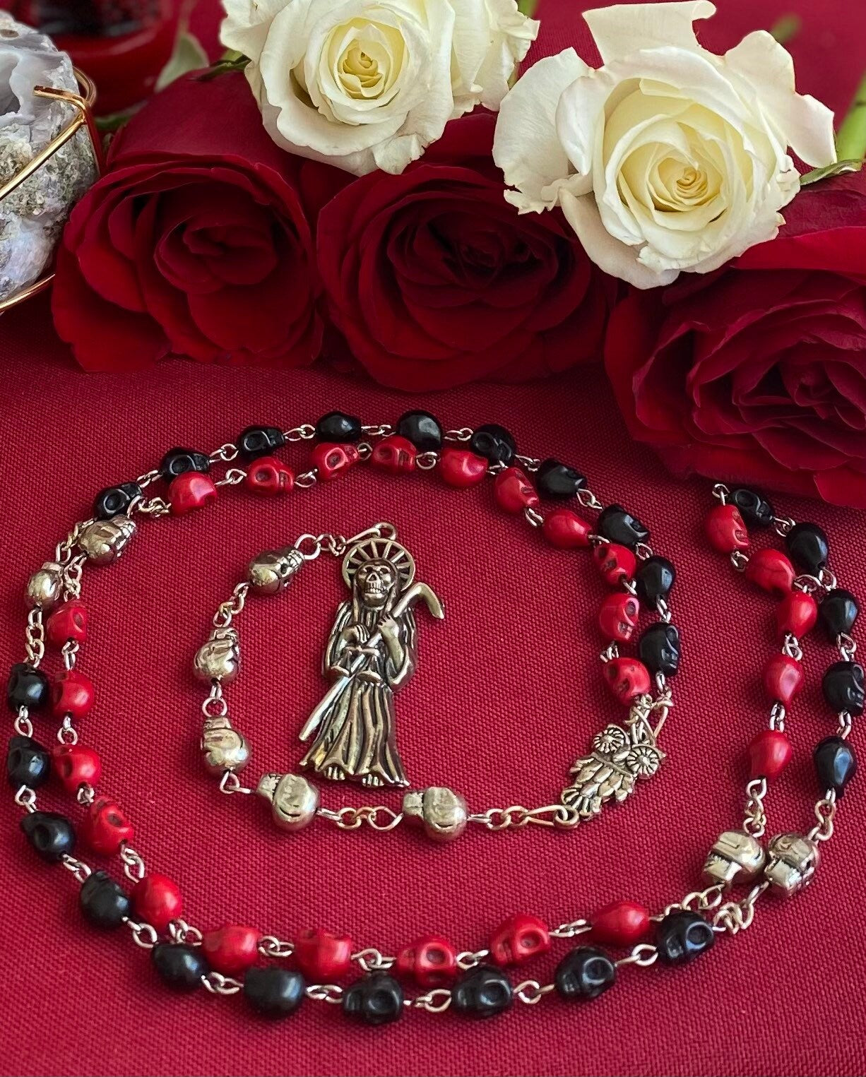 Santa Muerte Reversing Rosary + Red & Black Robes + Overcome Enemies + Blessed + Sterling Silver Plated Chain + Handcrafted + Amarres