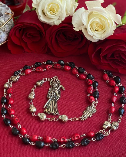 Santa Muerte Reversing Rosary + Red & Black Robes + Overcome Enemies + Blessed + Sterling Silver Plated Chain + Handcrafted + Amarres