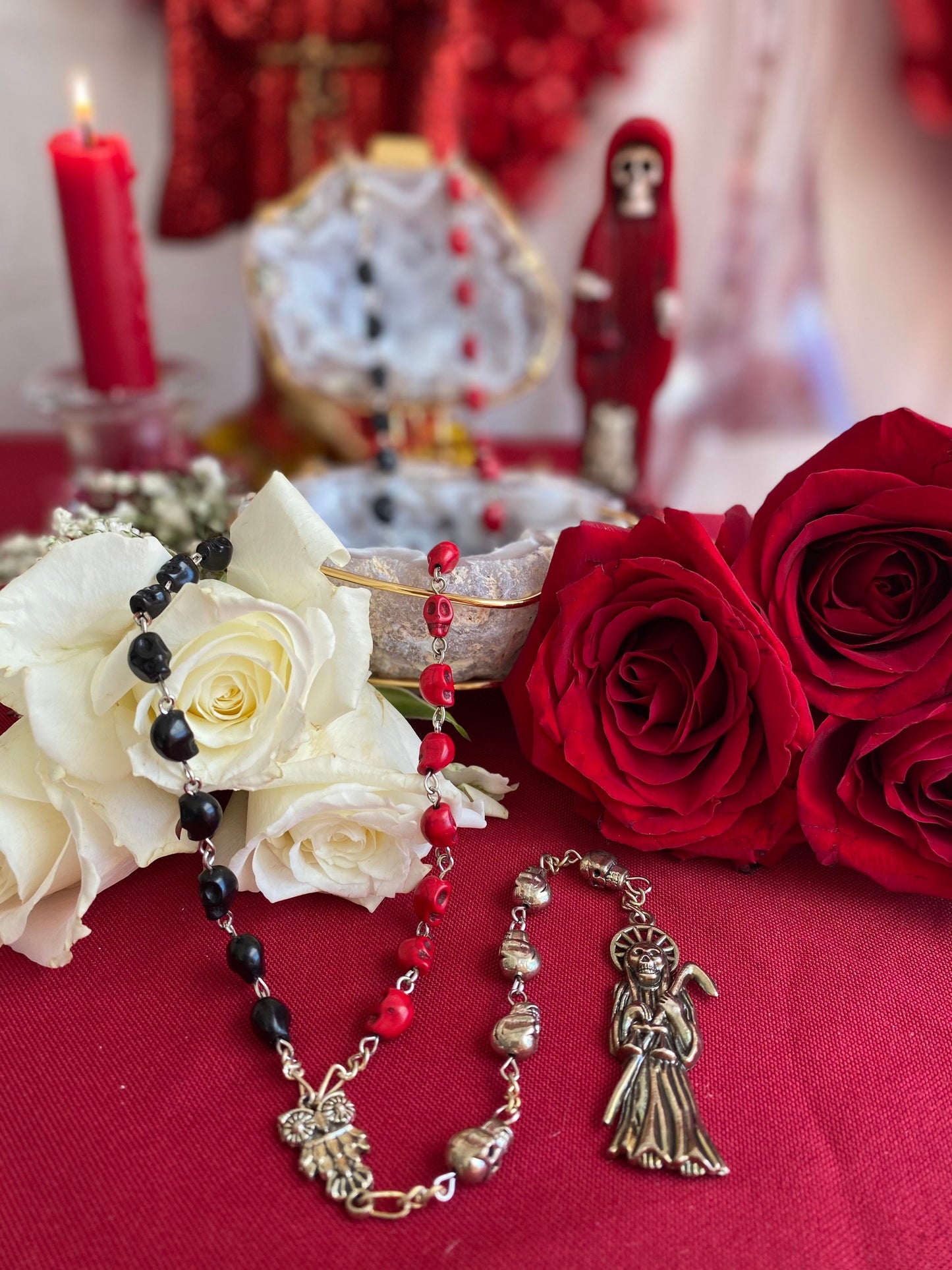 Santa Muerte Reversing Rosary + Red & Black Robes + Overcome Enemies + Blessed + Sterling Silver Plated Chain + Handcrafted + Amarres
