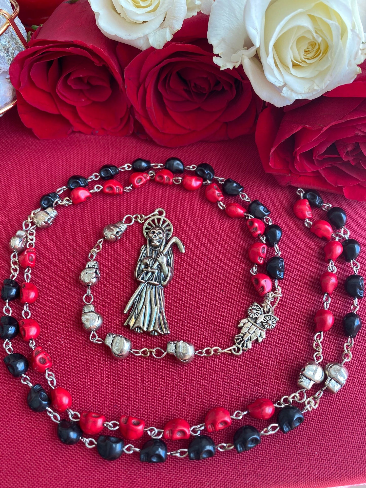 Santa Muerte Reversing Rosary + Red & Black Robes + Overcome Enemies + Blessed + Sterling Silver Plated Chain + Handcrafted + Amarres