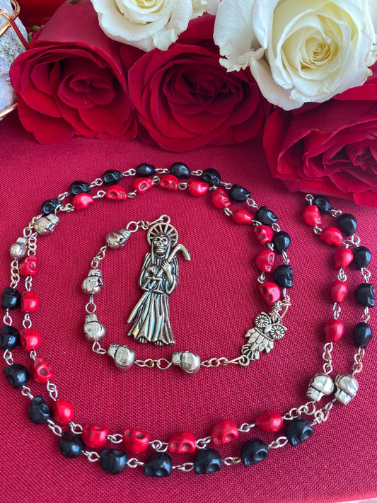 Santa Muerte Reversing Rosary + Red & Black Robes + Overcome Enemies + Blessed + Sterling Silver Plated Chain + Handcrafted + Amarres