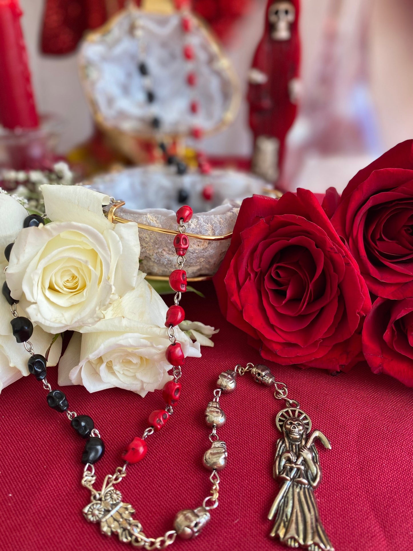 Santa Muerte Reversing Rosary + Red & Black Robes + Overcome Enemies + Blessed + Sterling Silver Plated Chain + Handcrafted + Amarres