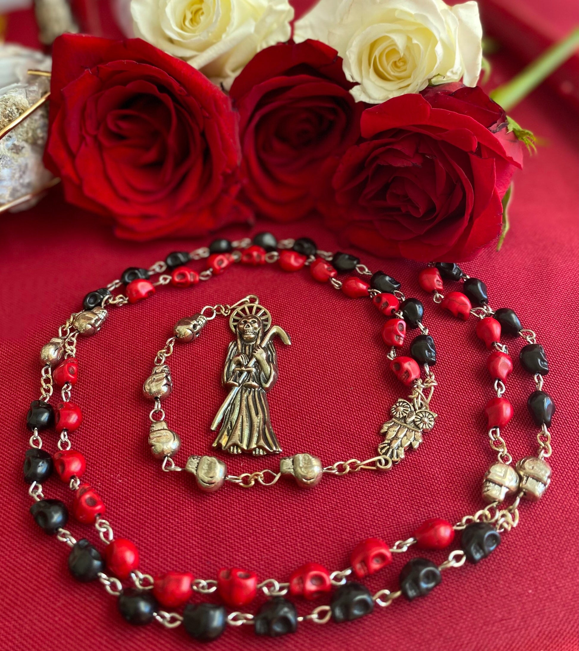 Santa Muerte Reversing Rosary + Red & Black Robes + Overcome Enemies + Blessed + Sterling Silver Plated Chain + Handcrafted + Amarres
