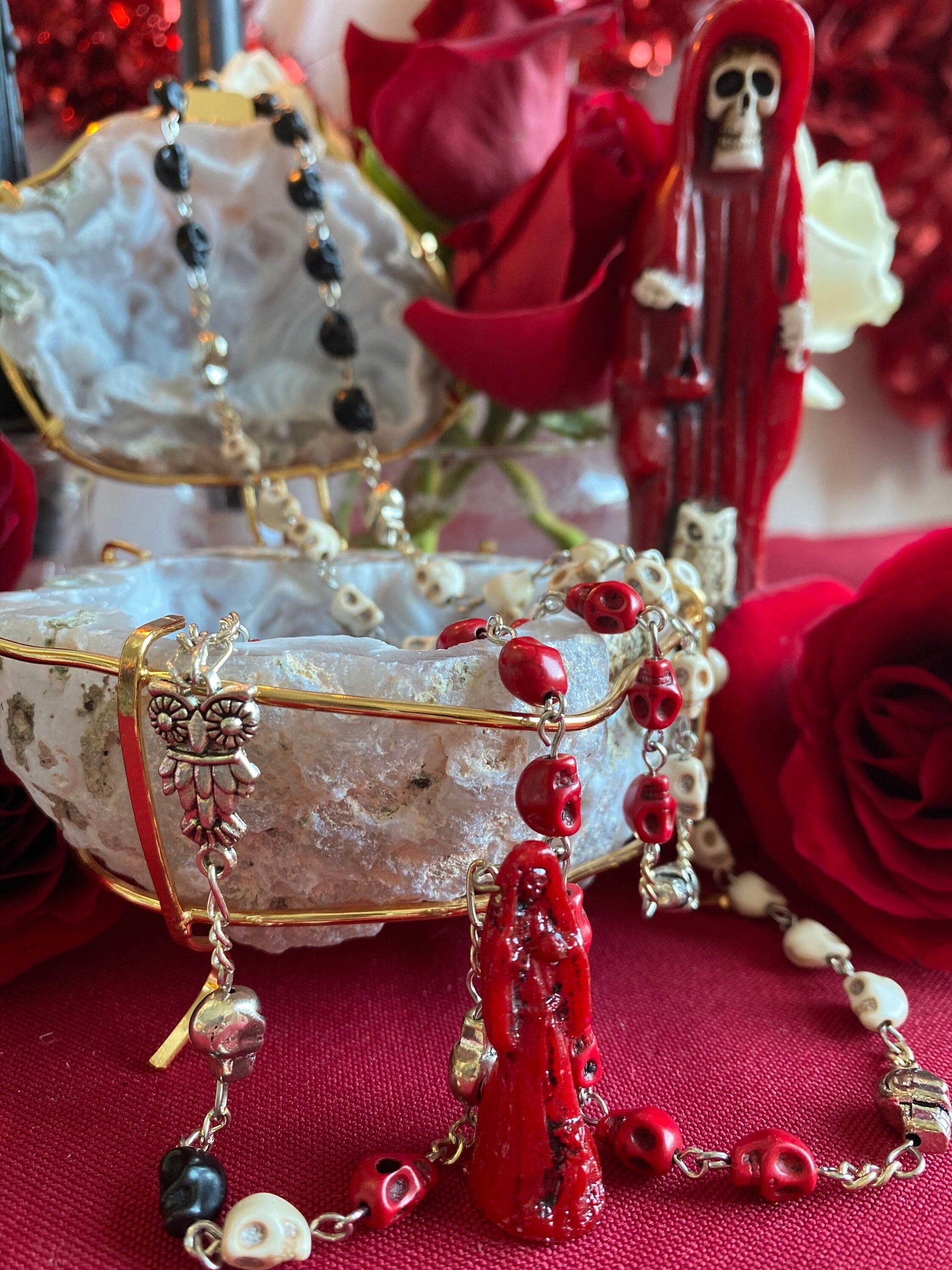 Santa Muerte Roja Rosary + 3 Robes + Blessed + Sterling Silver Plated Chain + Handcrafted + Rosario