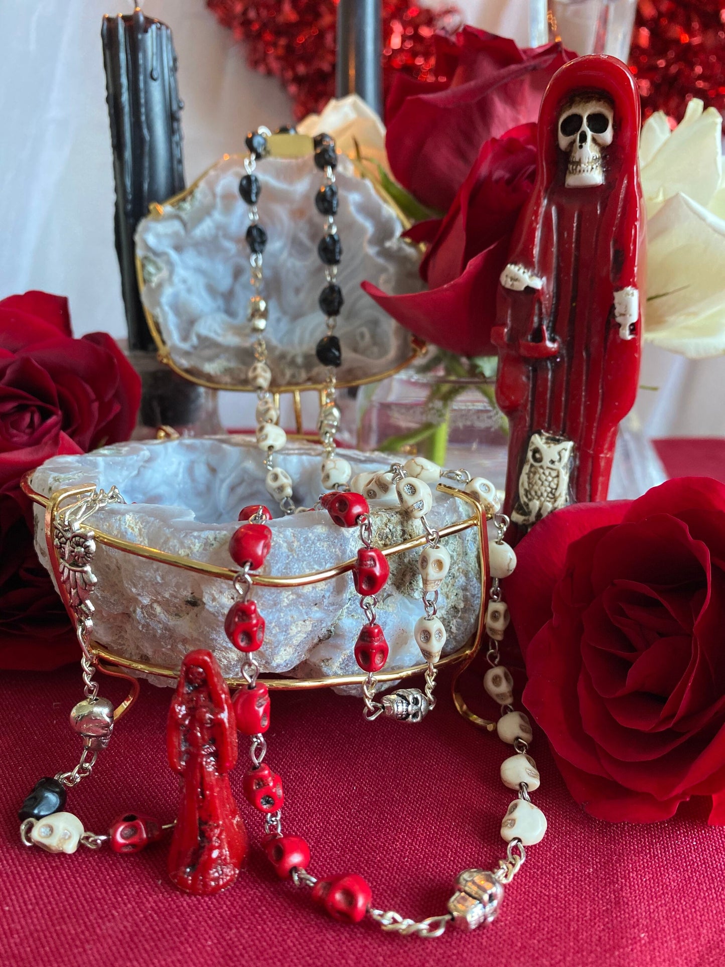 Santa Muerte Roja Rosary + 3 Robes + Blessed + Sterling Silver Plated Chain + Handcrafted + Rosario