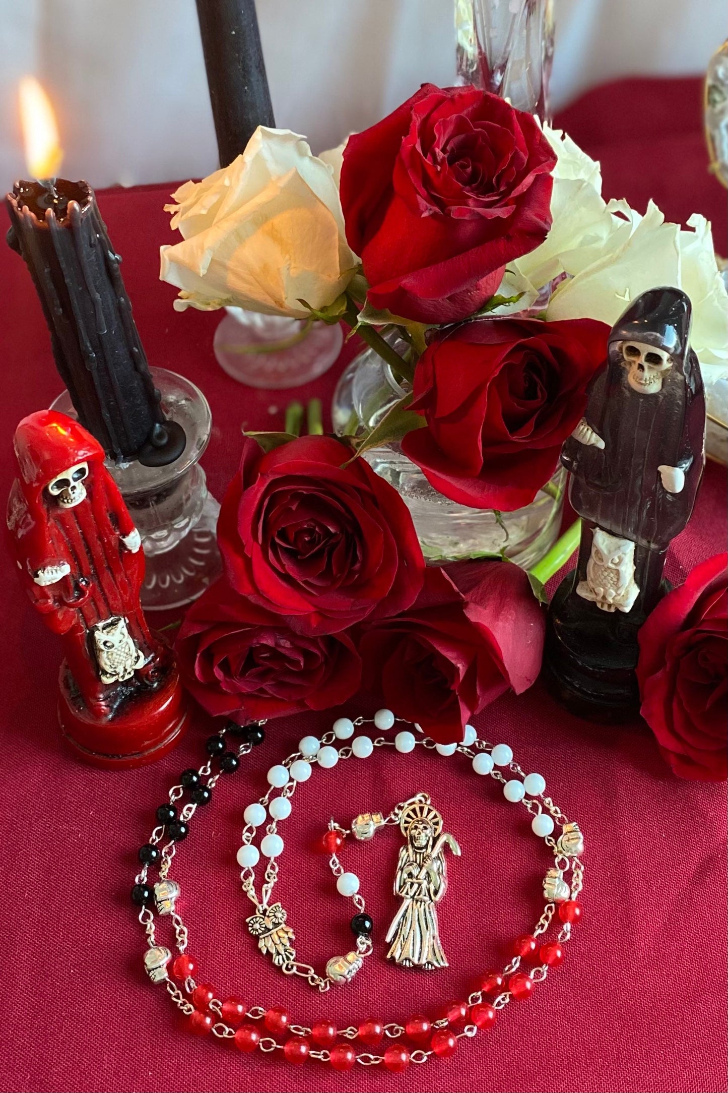 Santa Muerte Rosary + Gemstone + Blessed + Traditional Colors + Three Robes + Sterling Silver Plated Chain + Handcrafted